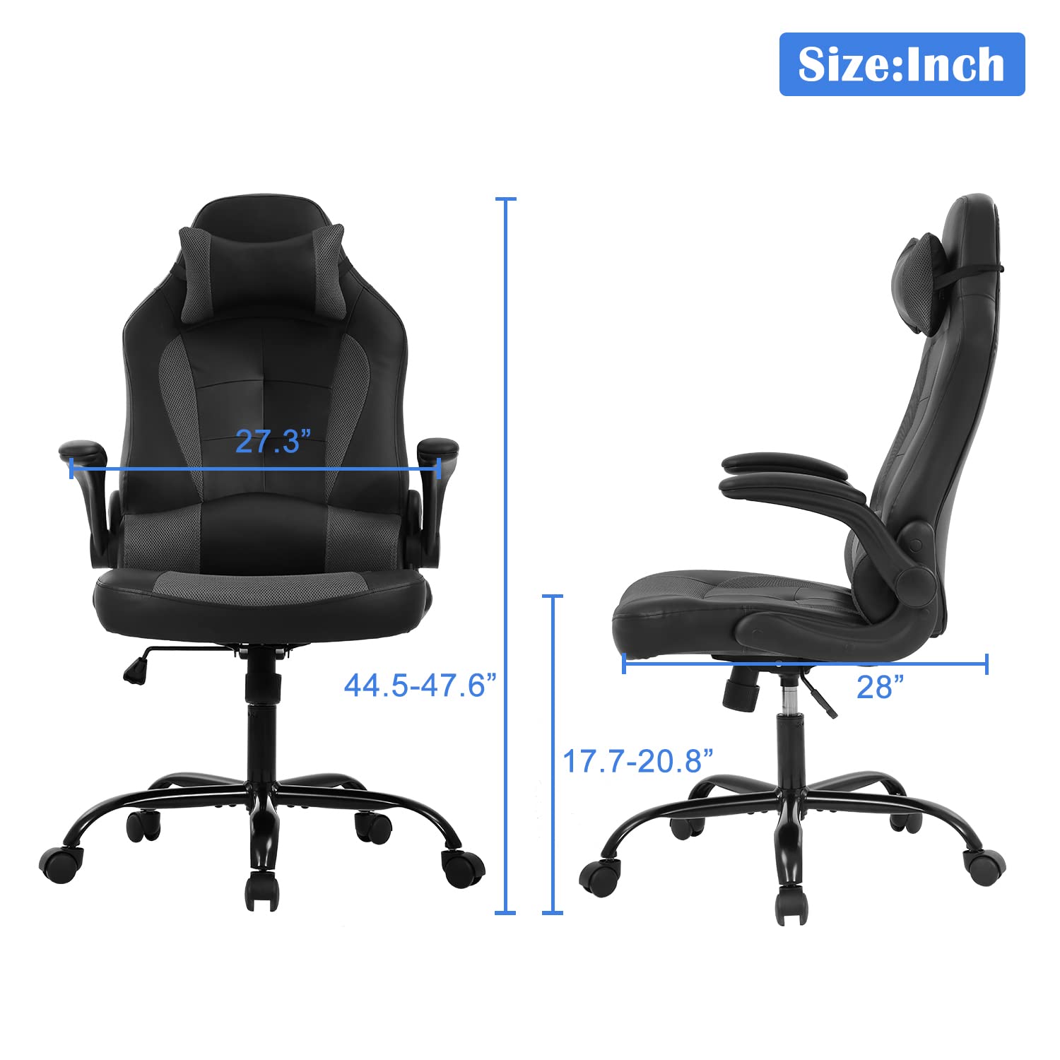 Ergonomic Gaming & Office Chair with Adjustable Headrest & Lumbar Support - High Back PU Leather Computer Desk Chair for Adults - Racing Style Swivel Task Chair with Wheels (Grey) - Perfect for Home Office, Gaming Setup & Workstations