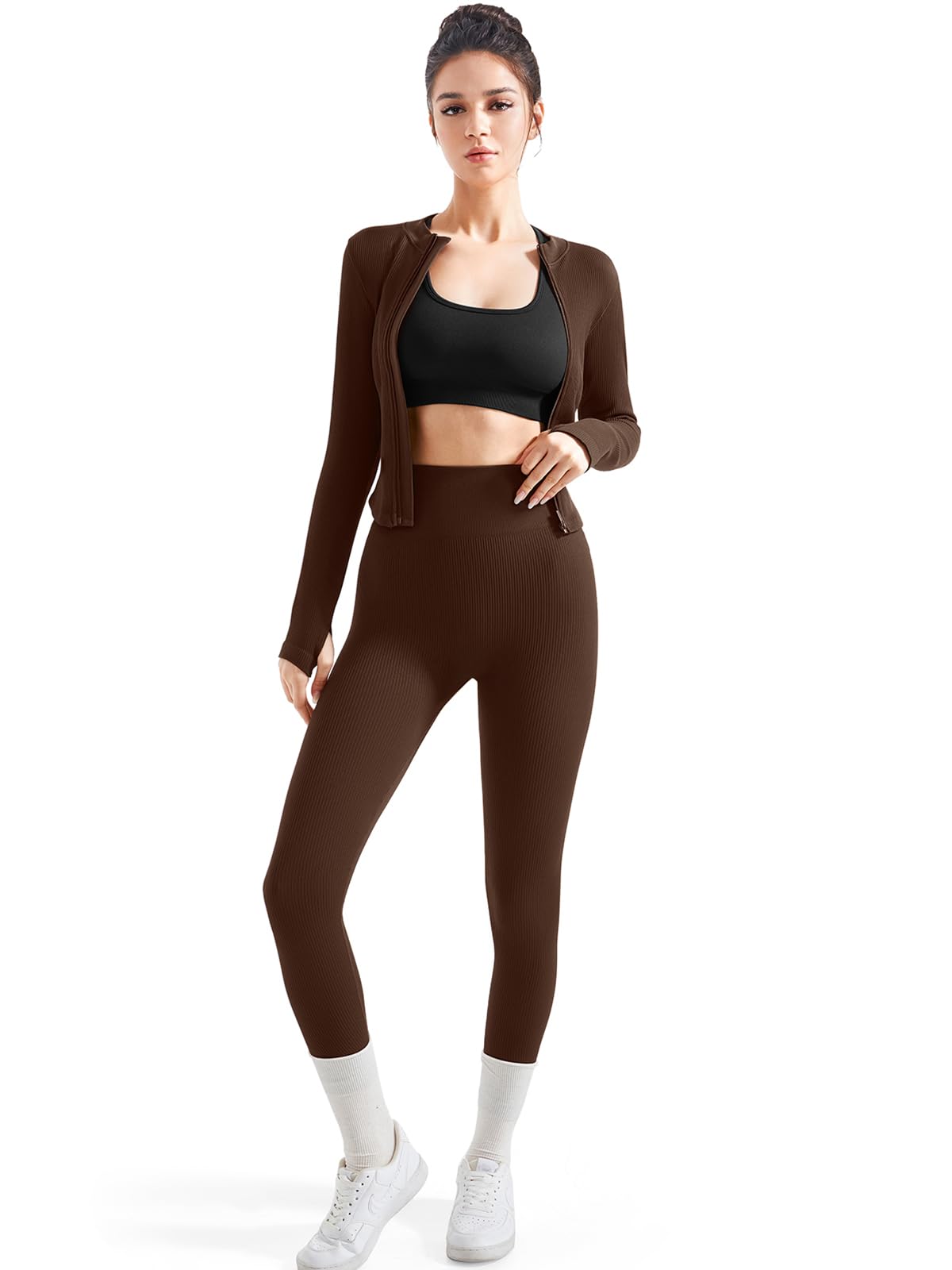 SUUKSESS Women's 2-Piece Seamless Ribbed Workout Set with Zip-Up Jacket & High Waisted Yoga Leggings - Gym, Running, Pilates & Lounge Wear for Women