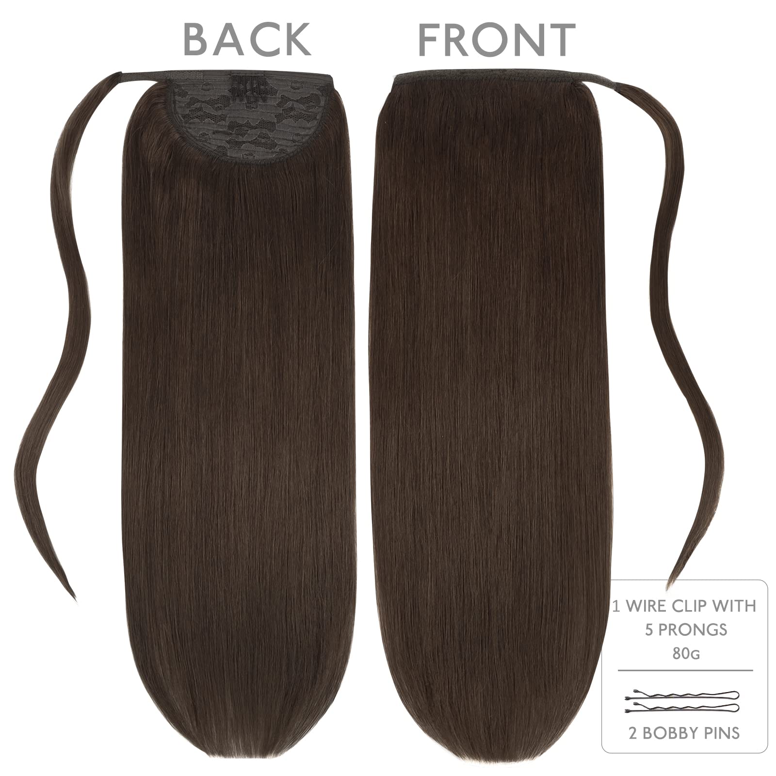 20 Inch 90g Light Dark Brown Human Hair Ponytail Extension - Clip-in Wrap Around Remy Hairpiece for Women - Perfect for Parties, Weddings & Daily Styling