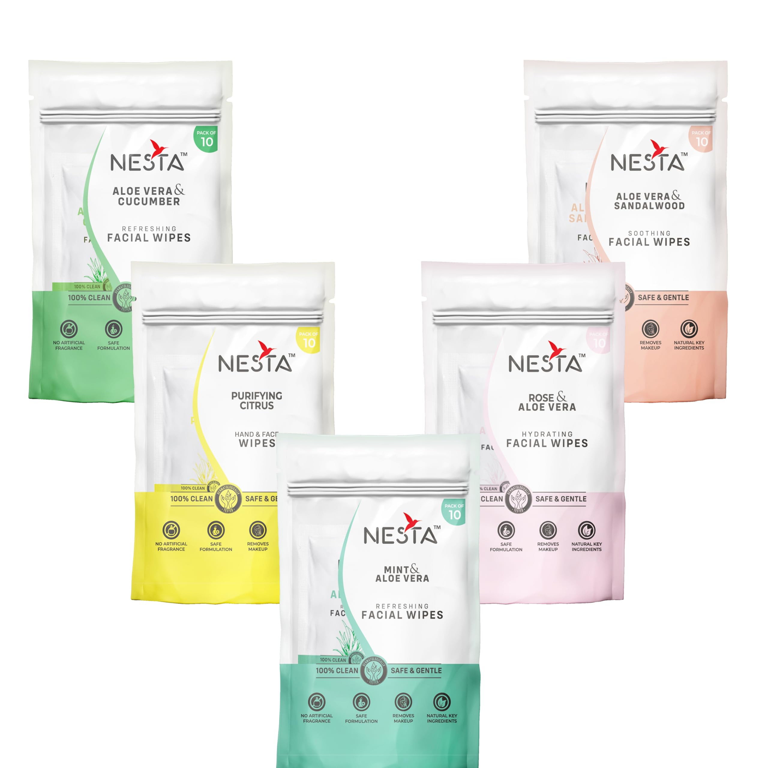 Nesta Wet Wipes for Face - Rose, Lemon, Mint, Cucumber & Sandalwood with Aloe Vera | Daily Cleansing, Refreshing & Moisturizing Facial Wipes | Anti-Acne & Soothing | 10 Count Each (Pack of 5) | Perfect for Travel, Gym & On-the-Go Skincare