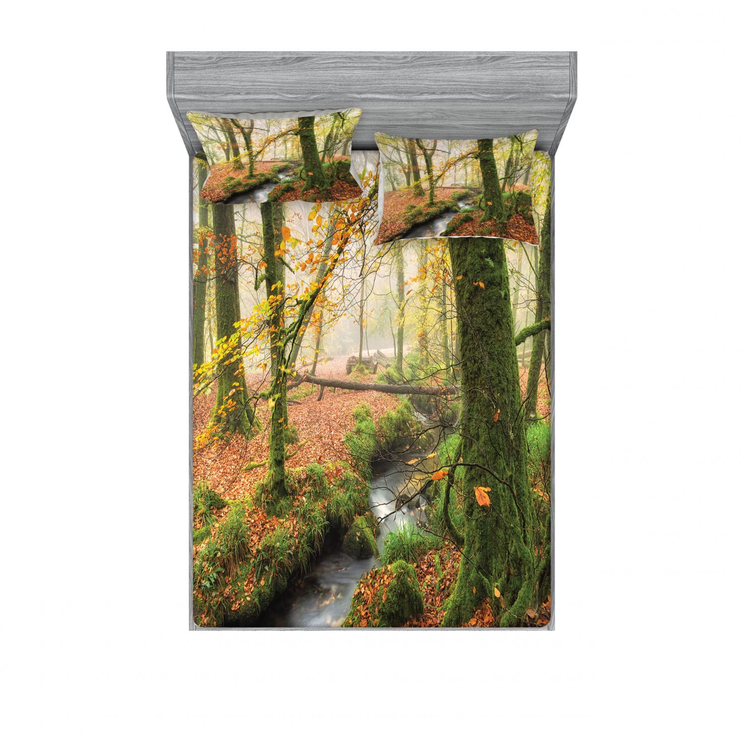 Ambesonne Autumn 2-Pack Queen Size Fitted Sheet & Pillow Sham Set - Misty Woods Cornwall Design, 4-Piece Bedding Set (2 Fitted Sheets & 4 Pillow Covers) in Orange, Green & Yellow Fall Colors | Cozy Seasonal Bedroom Decor for Autumn & Thanksgiving