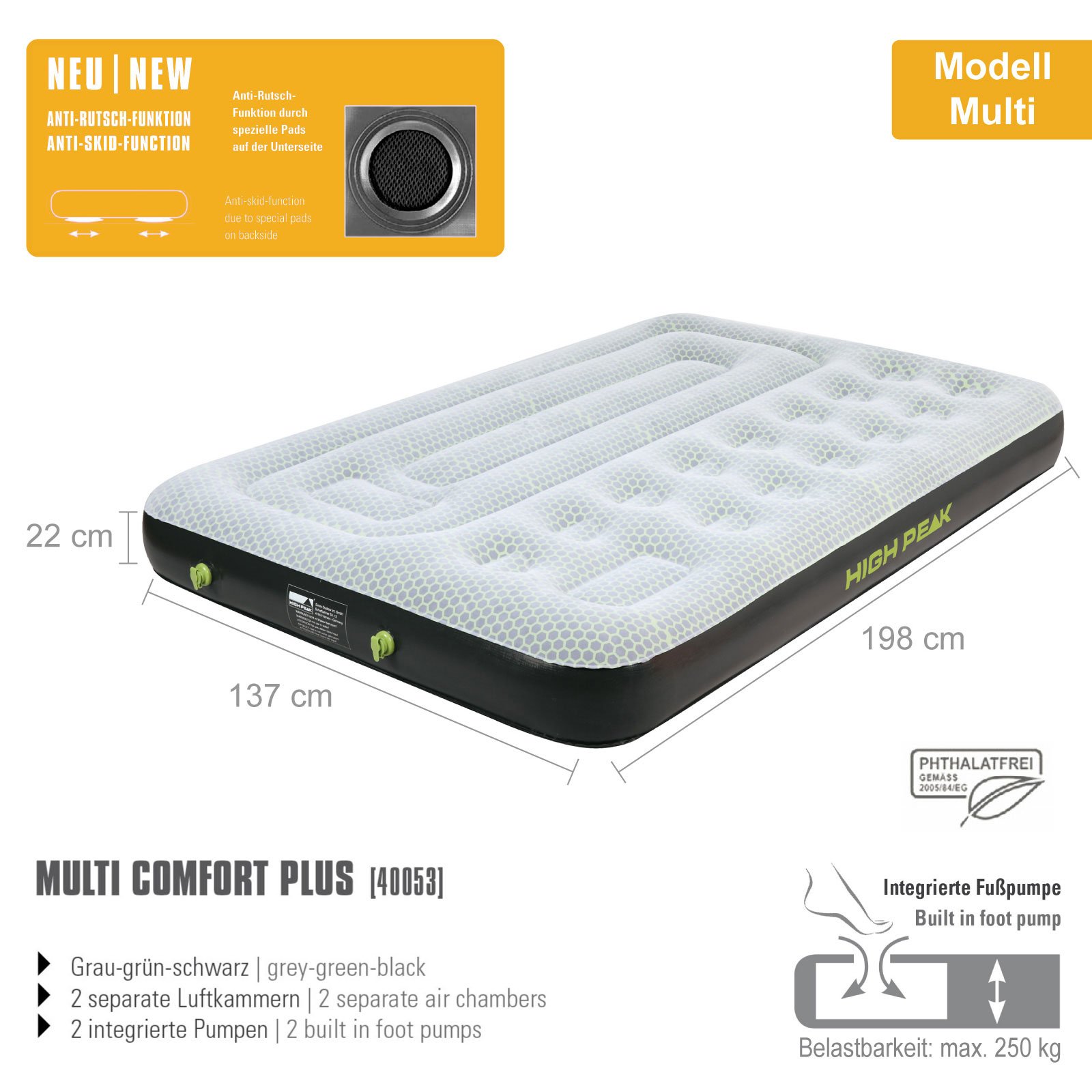 Comfort Plus Air Mattress - XL Size, Grey/Green/Black - Inflatable Guest Bed for Camping, Travel & Home Use