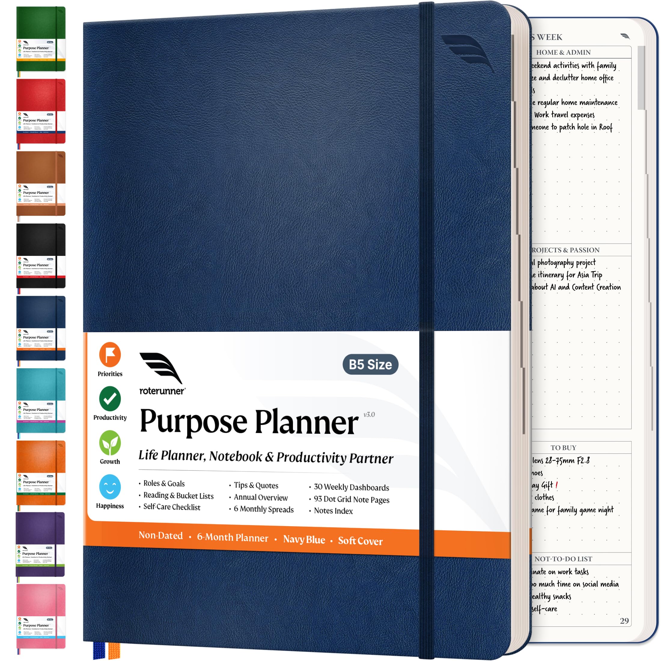 Roterunner Purpose Planner Notebook - Undated B5 Planner (7.5