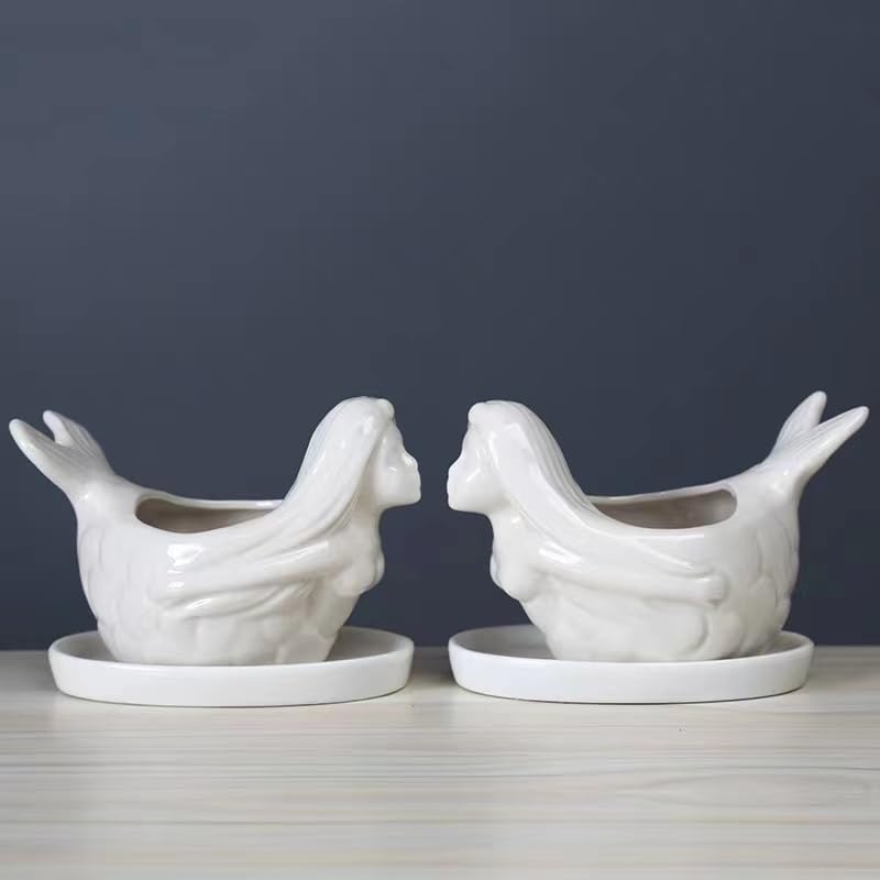 2-Pack White Ceramic Modern Flower & Succulent Planter Pots with Mermaid Figurine - Elegant Home & Garden Decor for Cactus, Plants, and Indoor/Outdoor Display