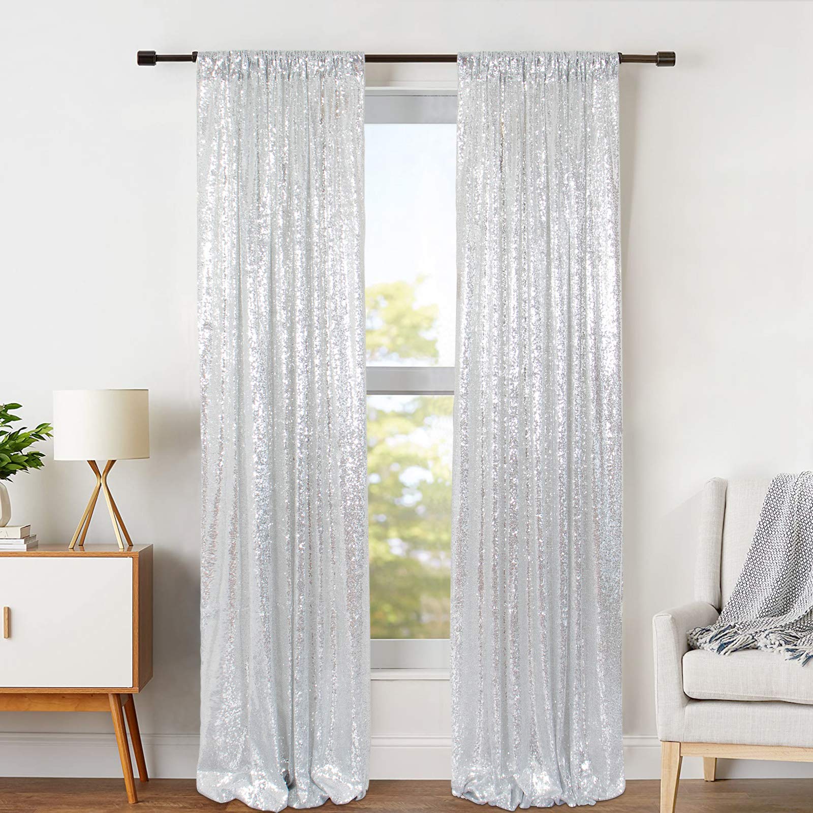 ShinyBeauty Silver Sequin Photo Backdrop - 2 Panels 4FT x 8FT (96 Inches Long) for Wedding, Party, Birthday, Photography Studio Decor - Sparkling Curtain Backdrop for Events & Photo Shoots