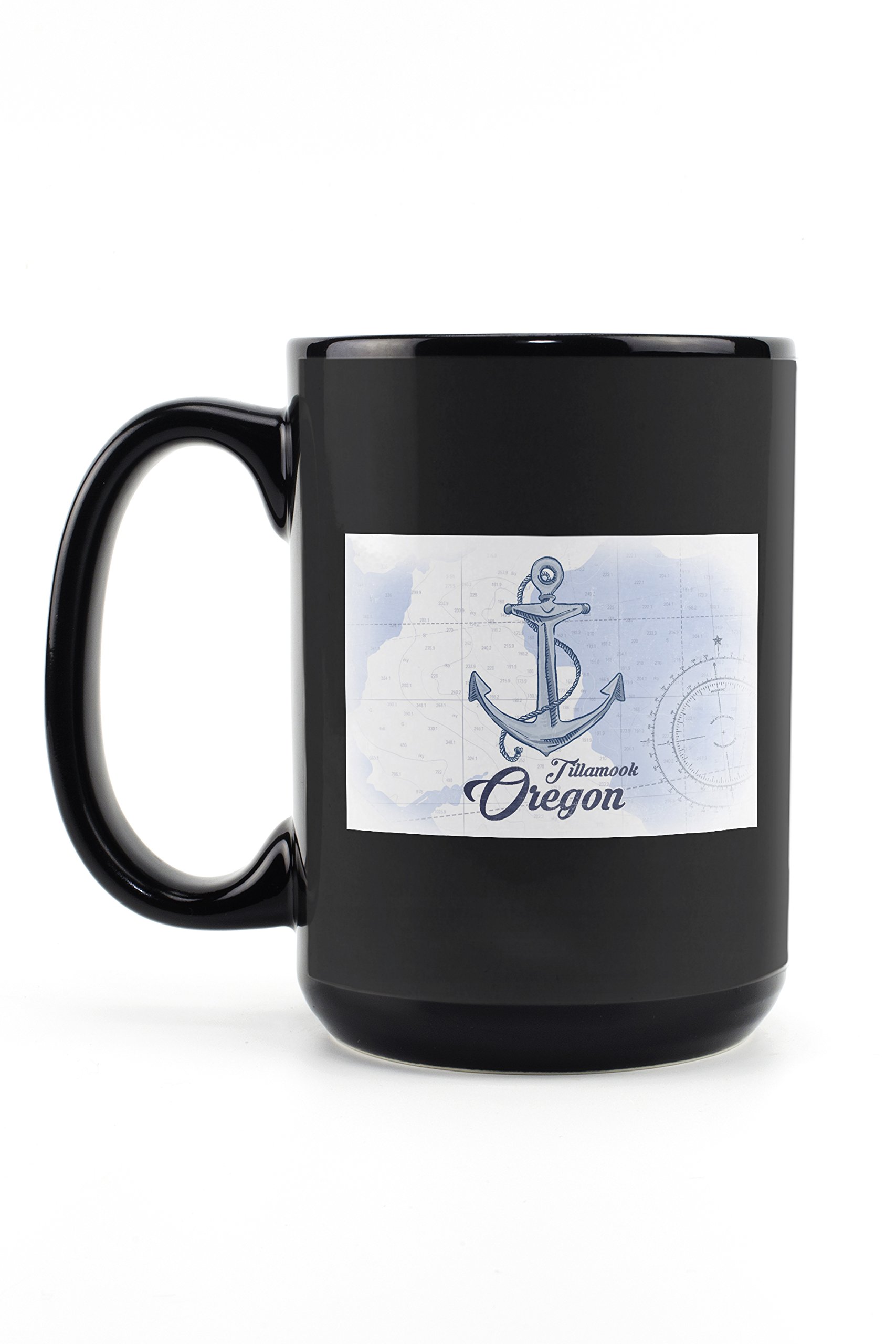 Tillamook Oregon Anchor Blue Coastal Icon 15oz Black Ceramic Coffee Mug - Microwave & Dishwasher Safe - Perfect for Home, Office & Camping Use