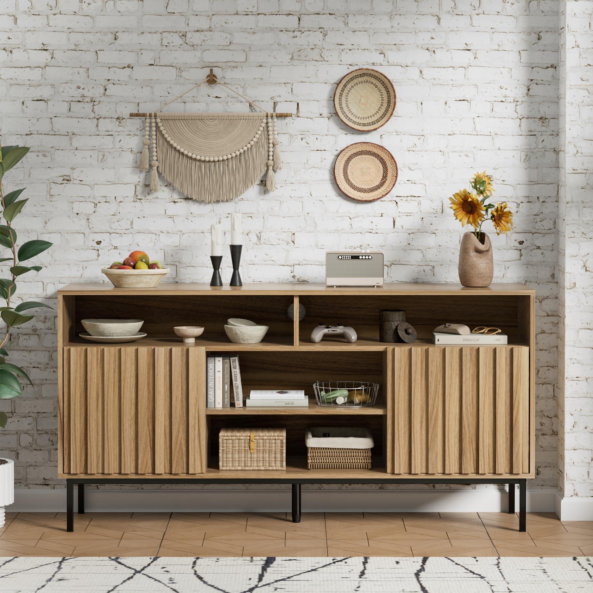 Mid Century Modern TV Stand Cabinet for Living Room - Wood Media Console with Shelves & Storage (Fits 50/55/60/65 Inch TVs) - Fluted Entertainment Center for Bedroom & Home Theater - Perfect for Organizing Electronics & Displaying Decor