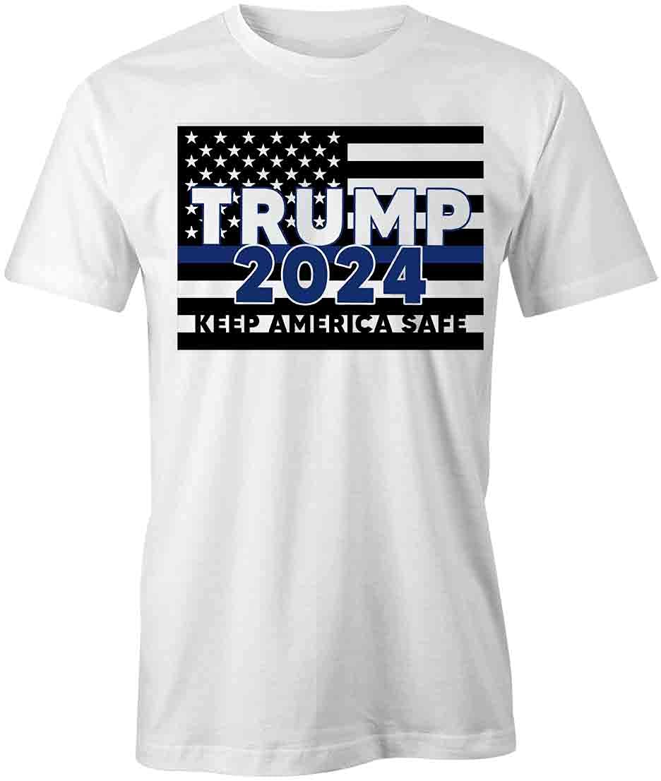 Trump 2024 Keep America Safe T-Shirt - Patriotic White Printed Graphic Tee for Political Rallies & Conservative Events