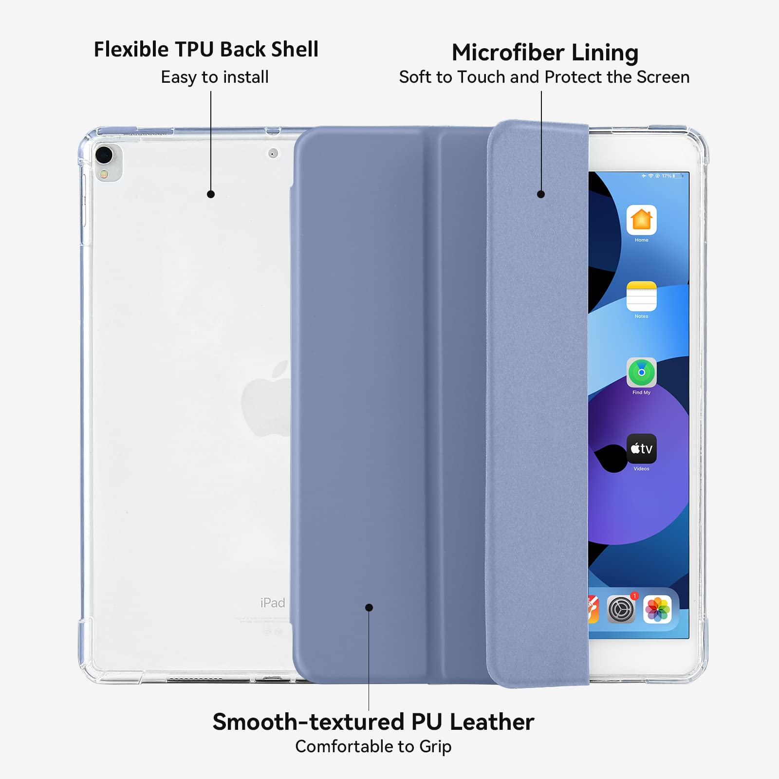 4UBonLife iPad Air 3 10.5 Inch 2019 & iPad Pro 10.5 2017 Case with Pencil Holder - Slim Lightweight Translucent Soft TPU Cover with Auto Wake/Sleep Feature in Lavender Gray - Perfect for Work, School & Travel Protection