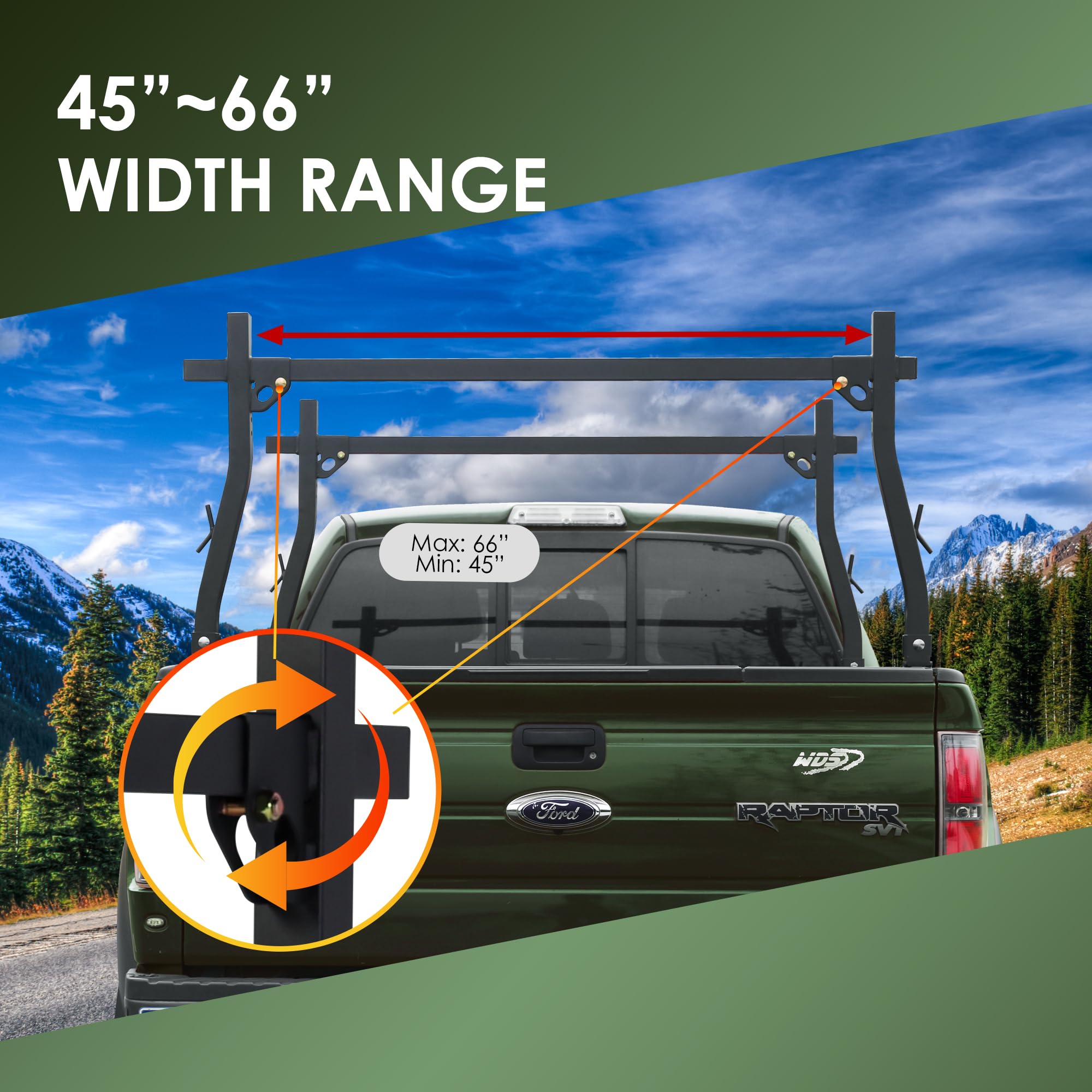 POLESTAR Heavy Duty Steel Truck Ladder Rack - 1000lbs Capacity Universal Pickup Bed Rack - 45-66