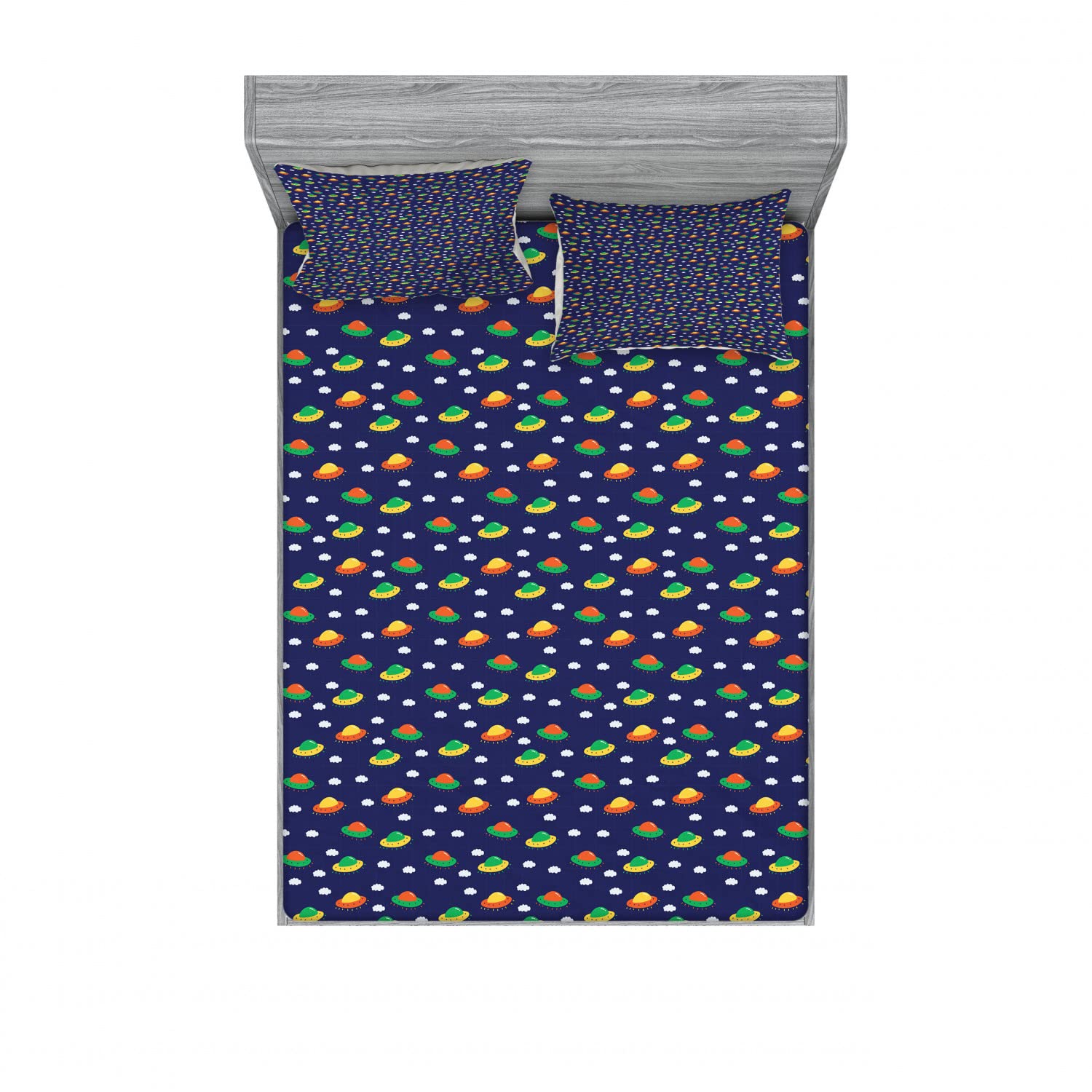 Ambesonne 2-Pack UFO Cartoon Fitted Sheet & Pillow Sham Set - Playful Space Design, 4-Piece Twin Size Bedding (2 Fitted Sheets + 2 Pillow Covers) - Indigo & Multicolor for Kids Room, Dorm Decor & Sci-Fi Themed Bedrooms