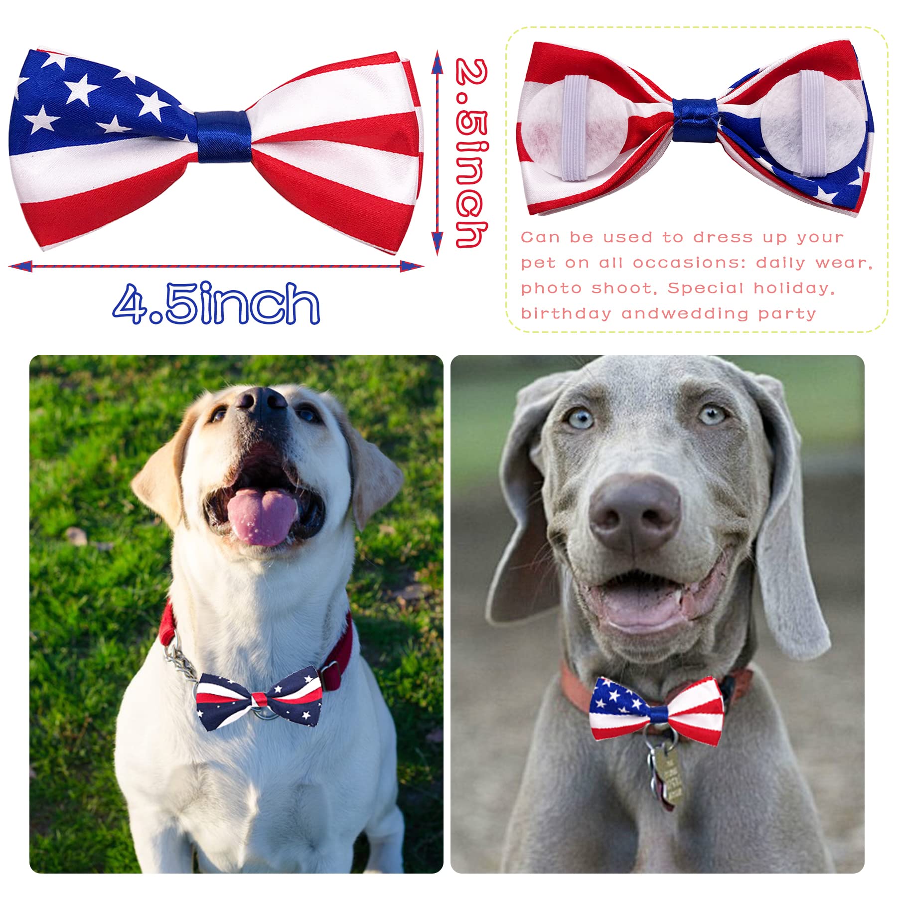 2pcs Patriotic US Flag Dog Bow Ties - Large Adjustable Collar Bowtie for Medium & Big Dogs - Perfect for Independence Day, July 4th, June 14 & Holiday Parties - Cute Grooming Accessories for Patriotic Events, Photo Shoots & Special Occasions