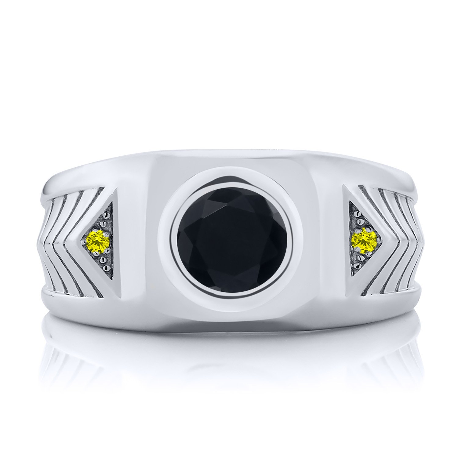 1.68 Ct Round Black Onyx & Canary Diamond 925 Sterling Silver Men's Ring | Gem Stone King | Elegant Wedding Band & Anniversary Gift for Him