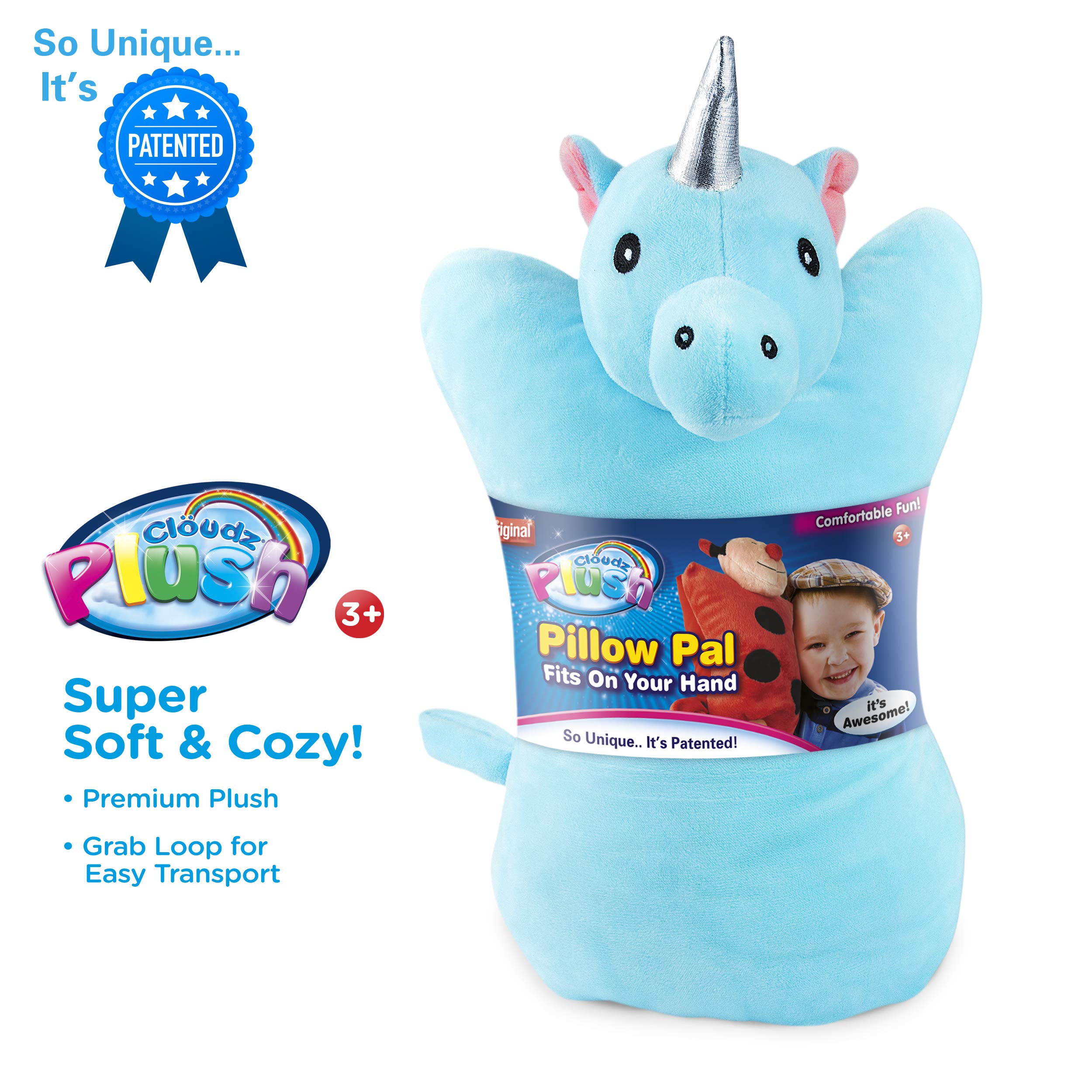 Cloudz Plush On Hand Kids Travel Pillow Pal - Soft Unicorn Stuffed Animal for Airplane, Car Rides & Nap Time | Cute Comfort Toy for Toddlers & Children