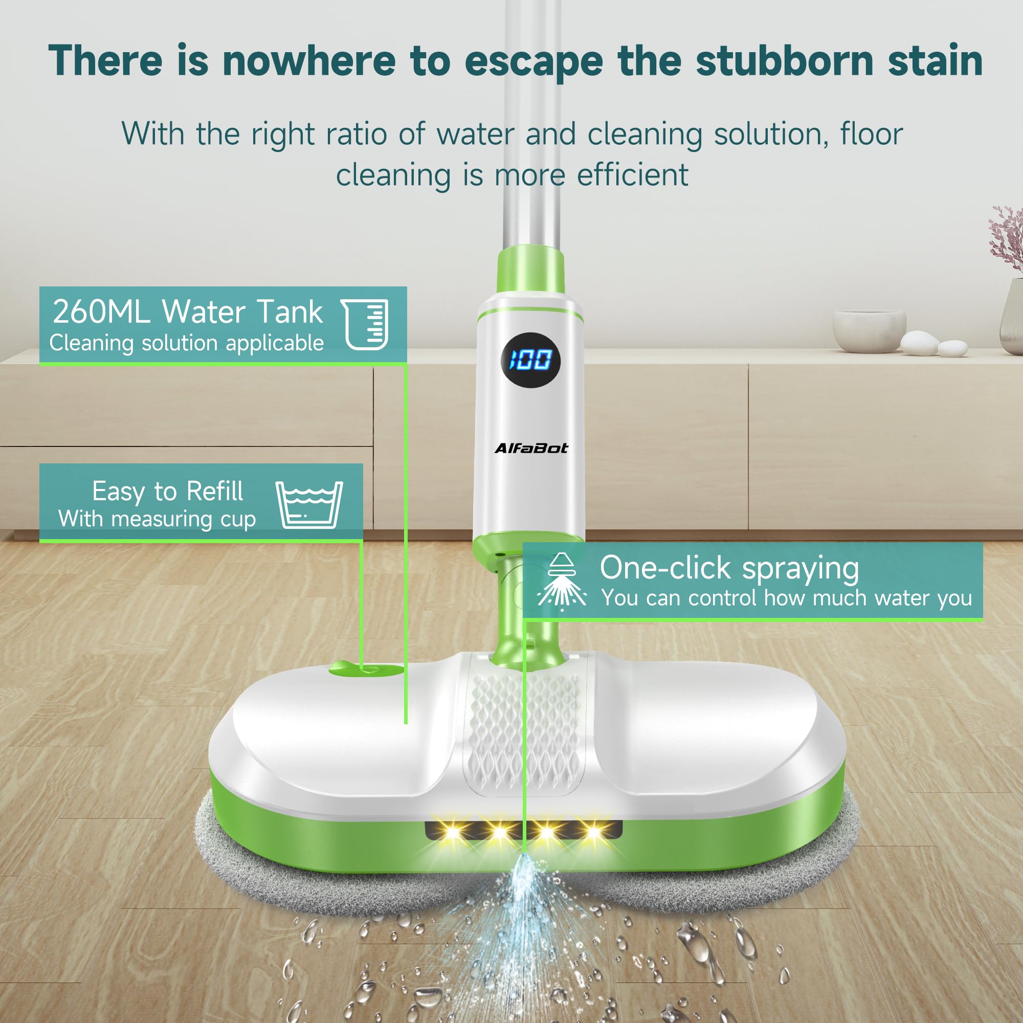 AlfaBot Cordless Electric Spin Mop for Hardwood Floors & Tile - Self-Propelled with LED Headlight, Water Spray & Large 2700 sq ft Capacity - Rechargeable Wet Dry Mop for Home, Kitchen & Pet Hair Cleaning