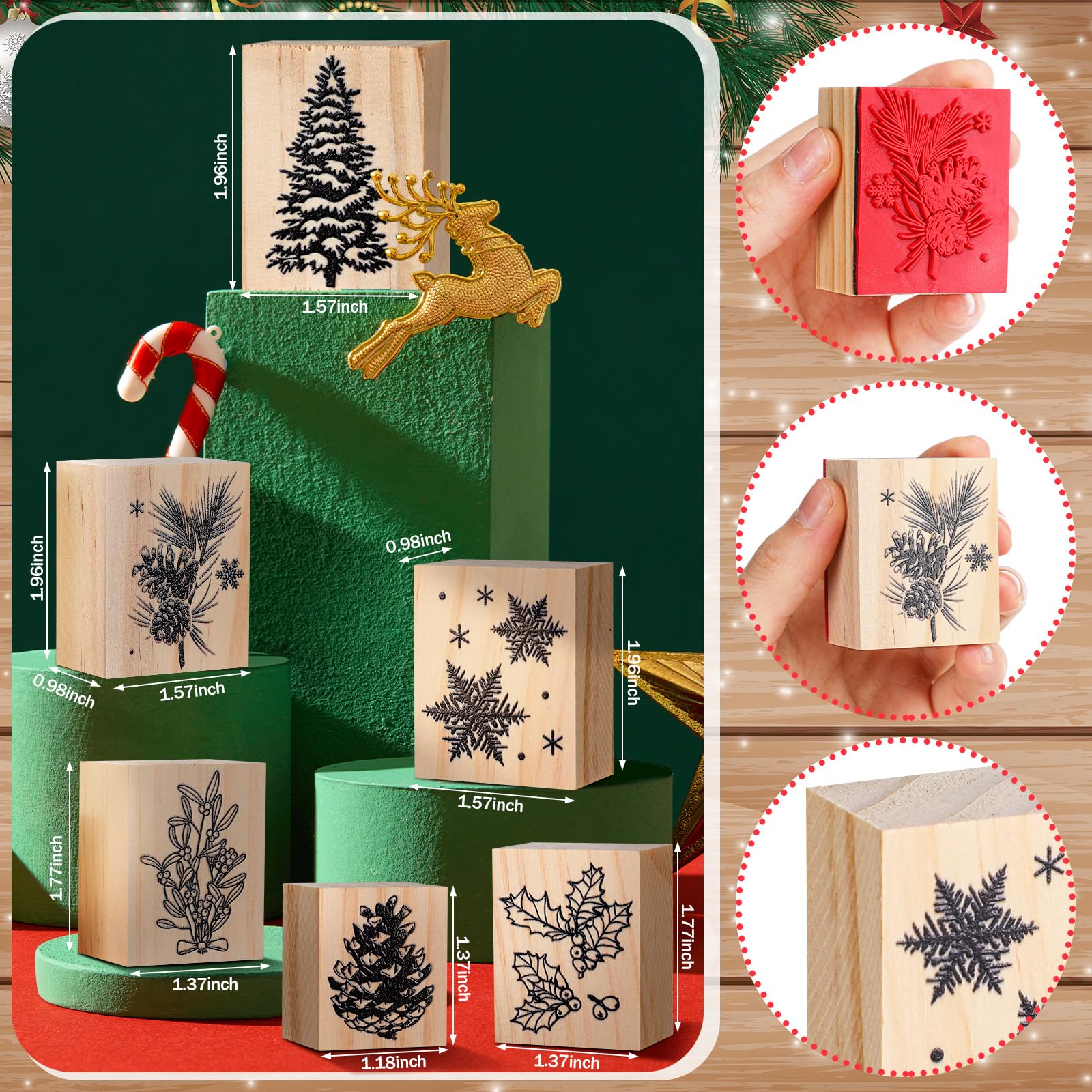 6-Piece Vintage Christmas Rubber Stamp Set - Merry Christmas, Snow, Tree Designs for DIY Scrapbooking, Card Making & Handcrafting - Perfect for Holiday Greeting Cards, Gift Wrapping & Craft Projects