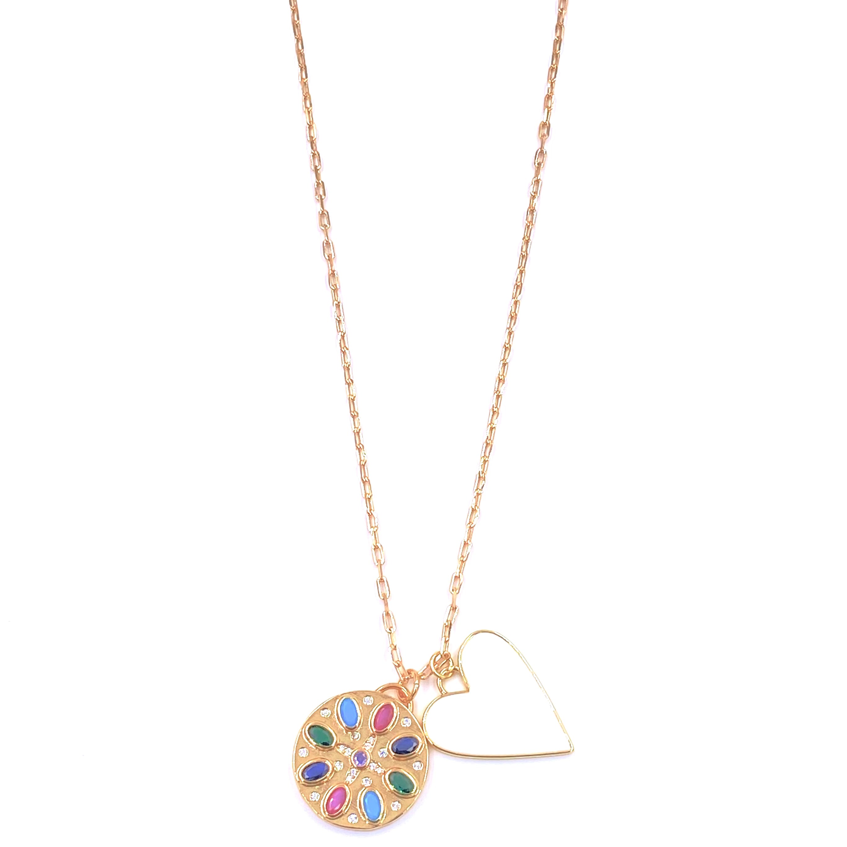 Ashley Gold Stainless Steel Gold Plated Circle CZ Multi-Colored Pendant with Enamel White Heart Necklace | Elegant Jewelry for Women, Perfect Gift for Valentine's Day, Anniversary & Special Occasions