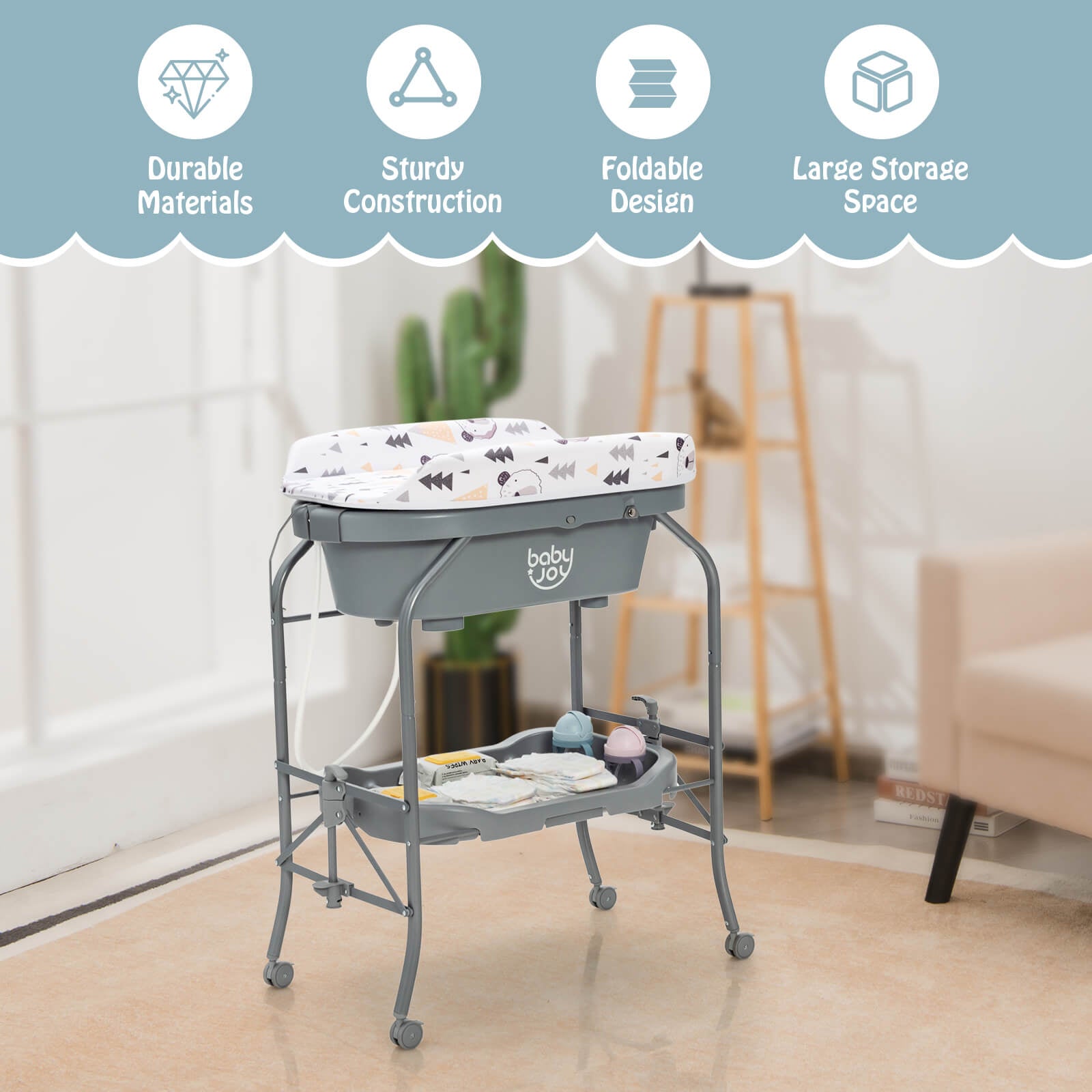 Portable Baby Changing Table with Storage Basket & Shelves - Foldable, Lightweight, Gray - Perfect for Nursery, Travel & Diaper Changing On the Go