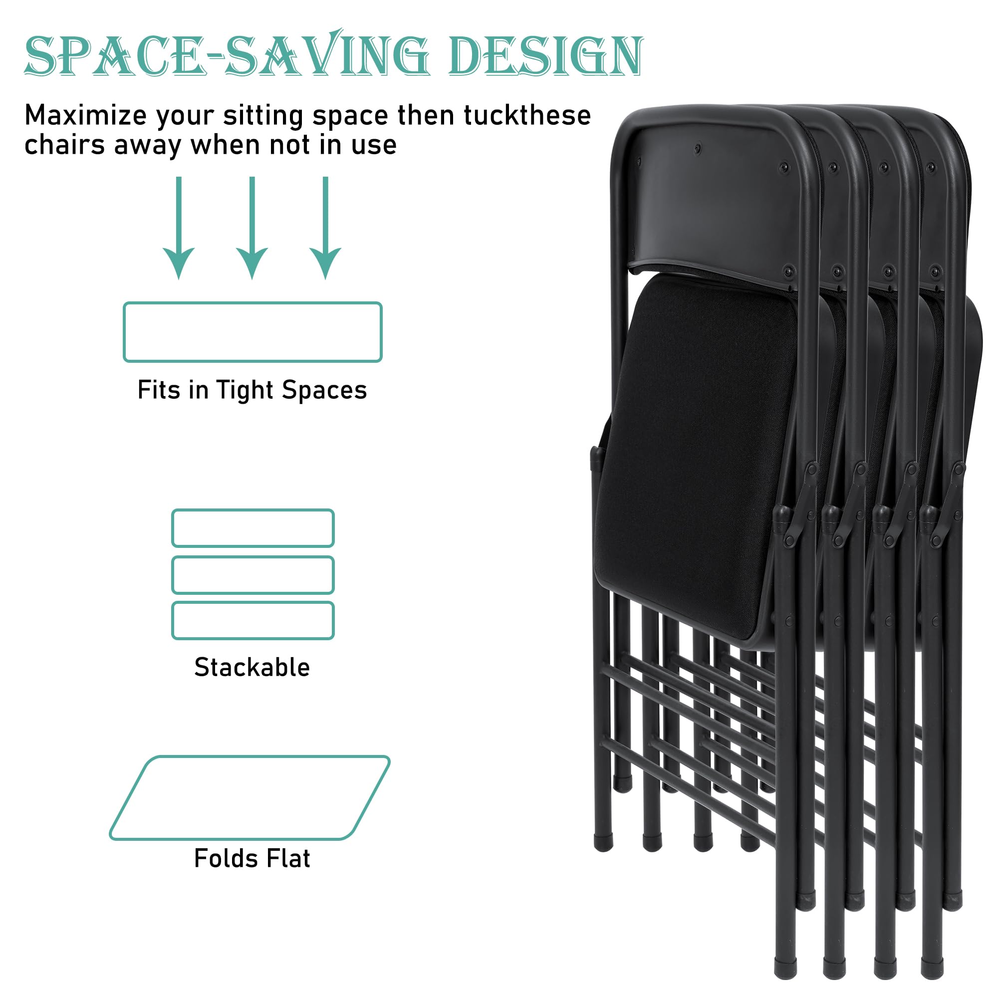6 Pack Black Folding Chairs with Padded Seat & Back - Stackable Fabric Dining Chairs for Home, Office, Wedding - Portable Commercial Foldable Chairs for Indoor & Outdoor Events - Perfect for Parties, Banquets, Picnics and Camping