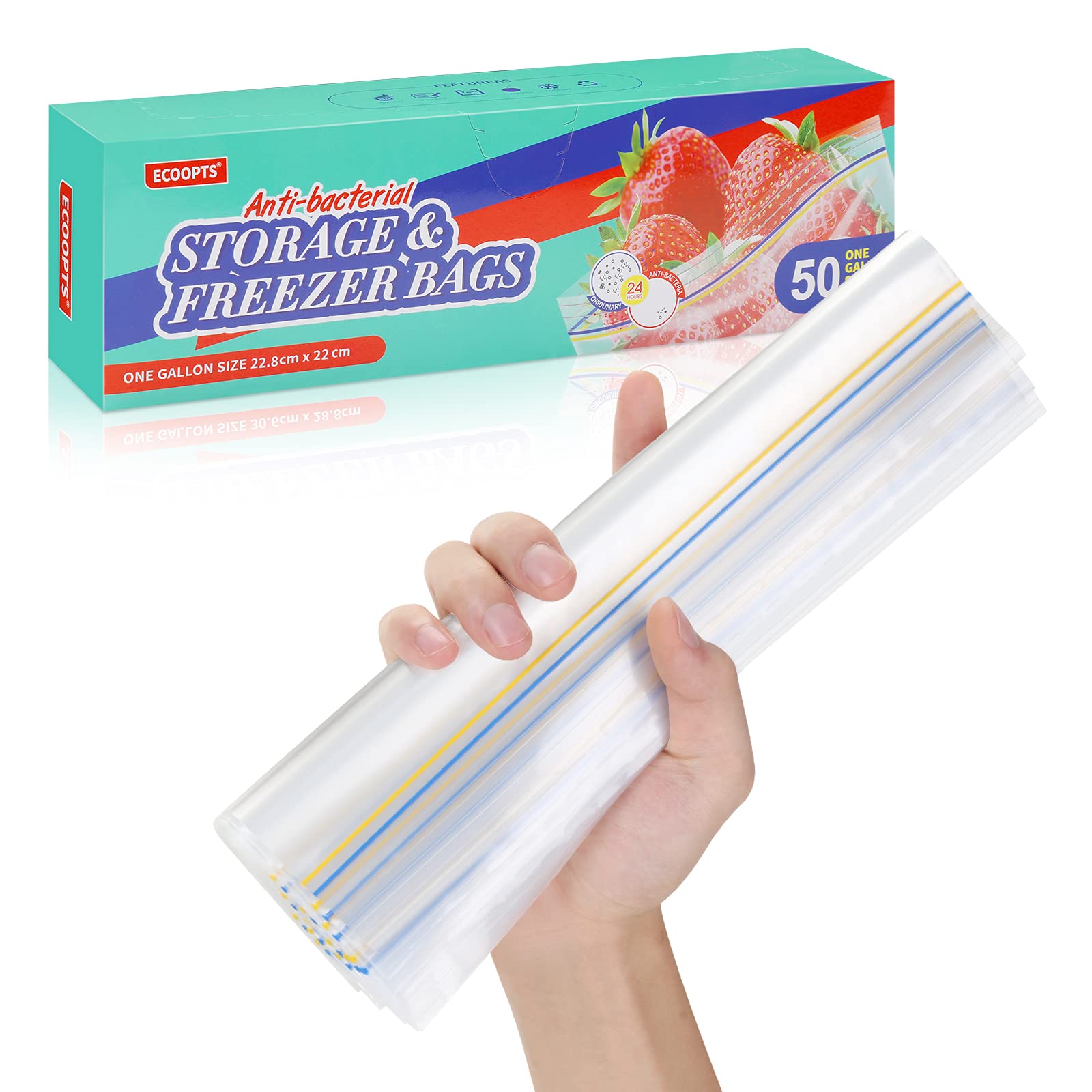 50 Counts ECOOPTS Reusable Freezer Bags - 9×8.7 Inch Sandwich Storage Bags for Food Organization | Perfect for Meal Prep, Lunch Boxes & Leftovers
