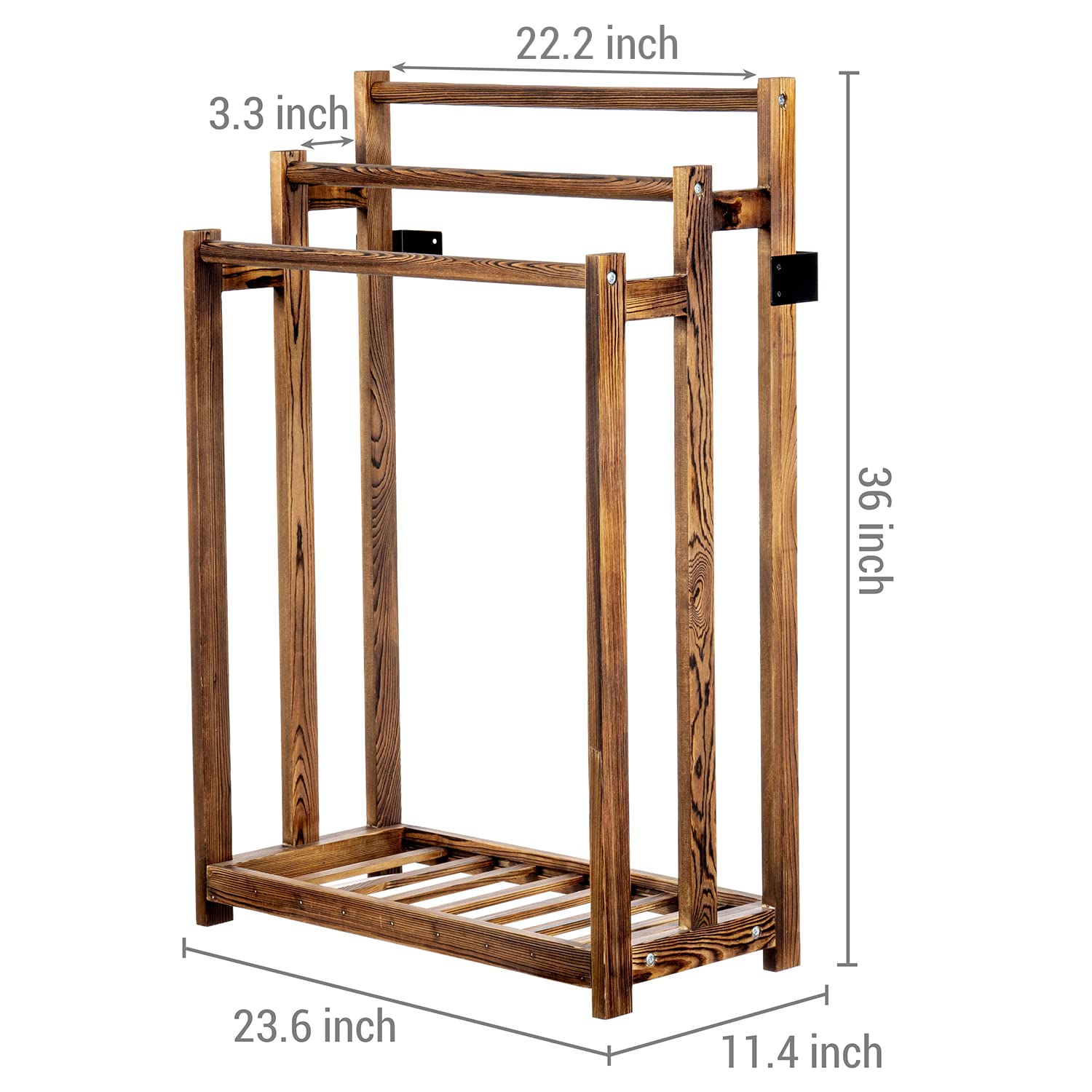MyGift 3-Tier Freestanding Bathroom Towel Rack - Rustic Dark Brown Wooden Towel Holder with Storage Shelf | Space-Saving Drying Stand for Bath Towels, Robes & Linens | Perfect for Small Bathrooms, Laundry Rooms & Spa Areas