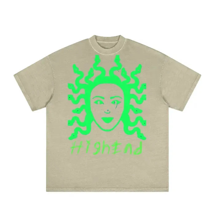 Premium Medusa Graphic T-Shirt for Men & Women - Classic Washed Cotton Tee (Khaki & Cement Gray) | 280 GSM Heavyweight Comfort | Streetwear, Casual Outfits & Festival Fashion