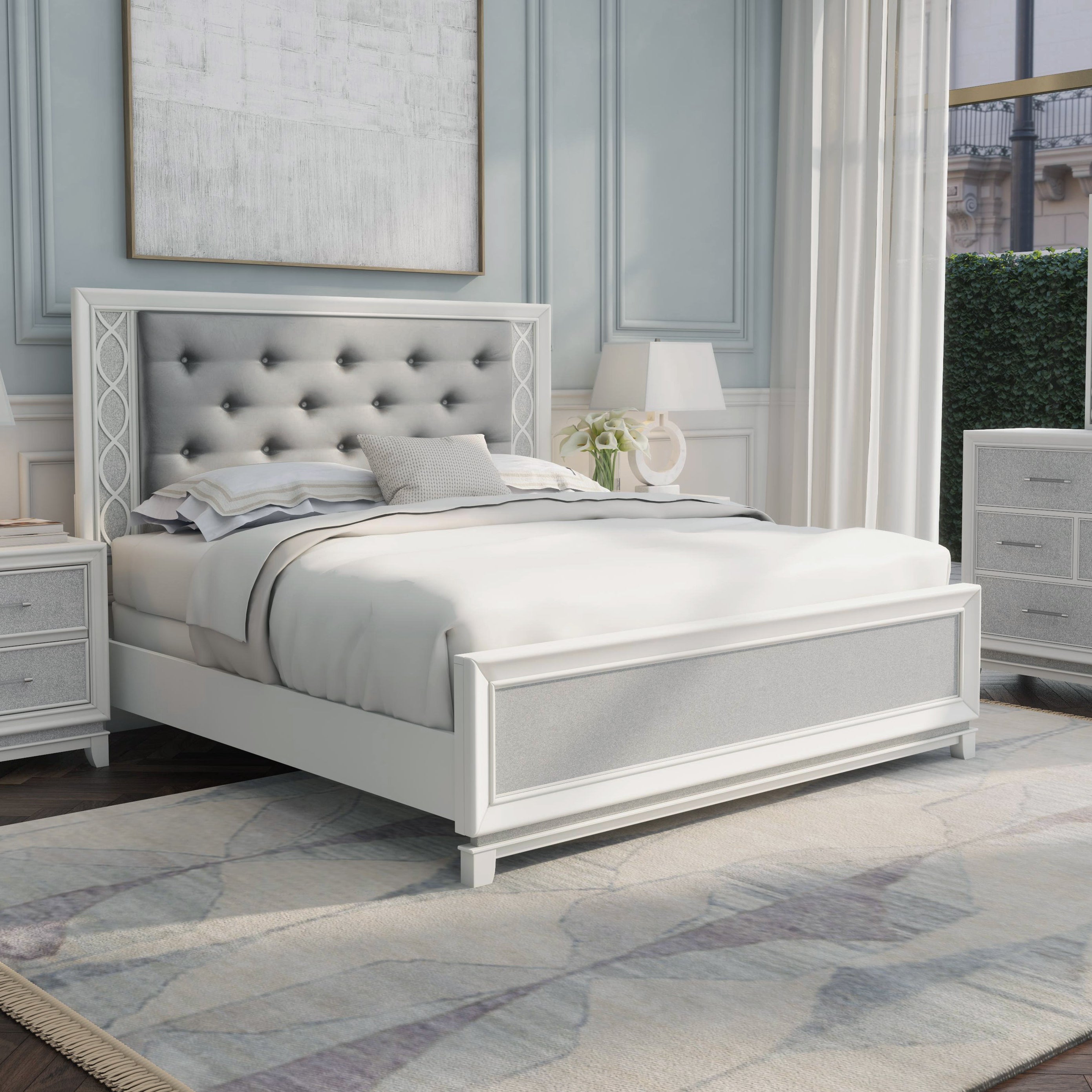 Galaxy Upholstered Tufted Panel Bed with LED Lights - Queen Size Pearl White Luxury Bed Frame for Modern Bedroom, Perfect for Master Suite & Guest Room Decor
