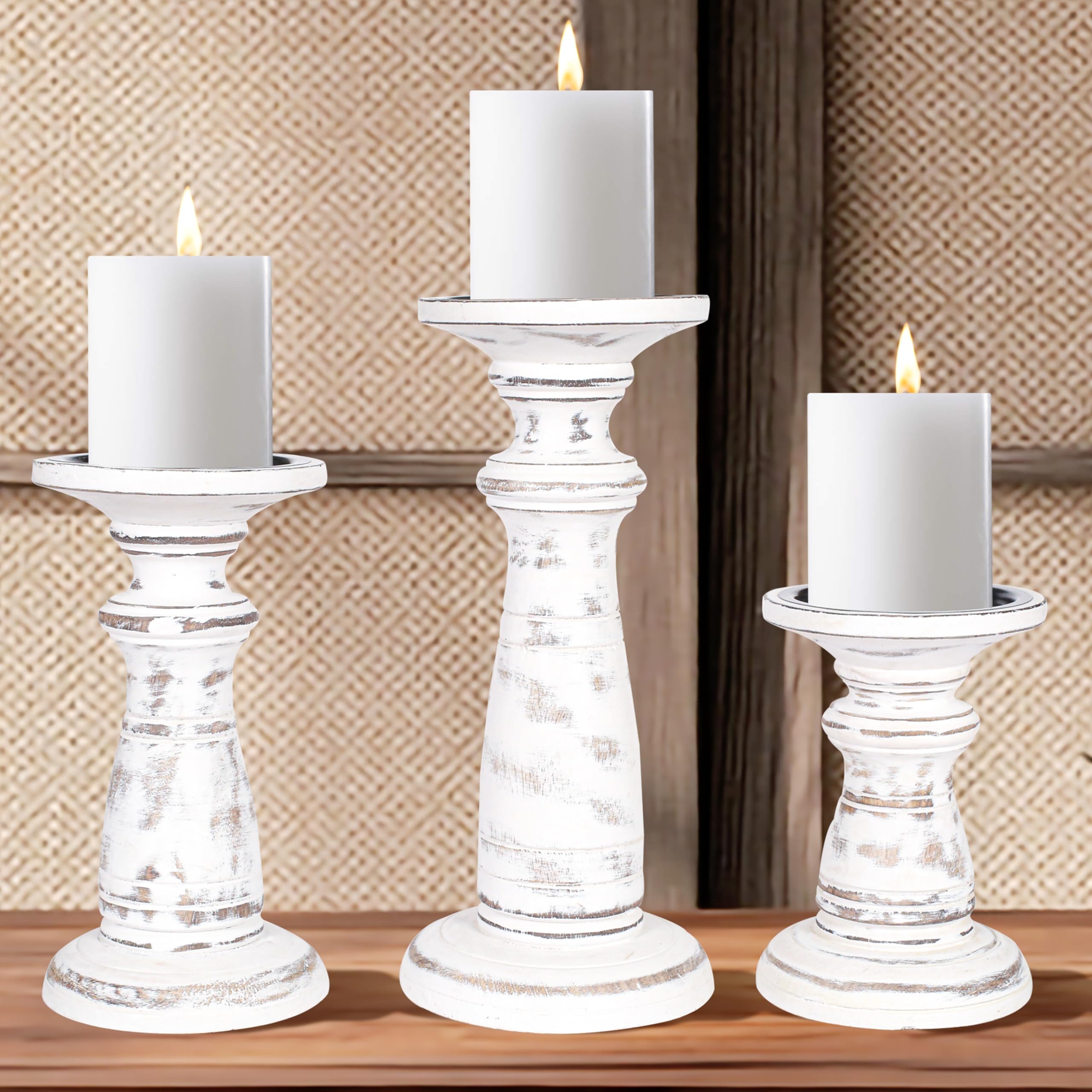Handmade Wooden Pillar Candle Holders Set of 3 (10, 8, 6 Inch) - Antique White Decorative Candle Stand for LED, Pillar, Votive Candles - Perfect for Weddings, Christmas, Parties, Home Decor, Reiki, Aromatherapy & Garden Use