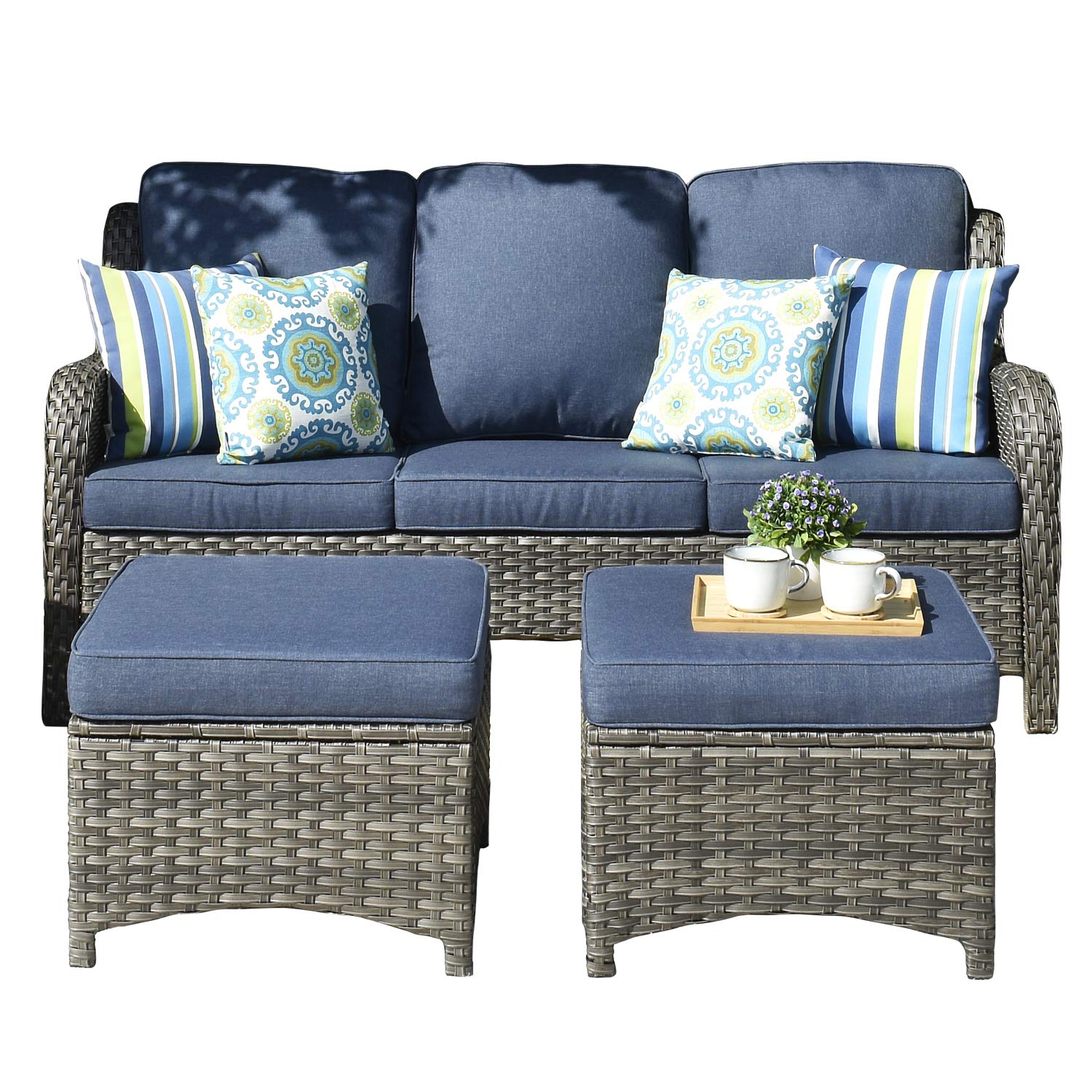 All-Weather Grey Wicker Patio Sofa Set with Ottomans - Outdoor Garden Couch for Deck, Yard & Backyard - Durable Denim Blue Furniture for Relaxing & Entertaining