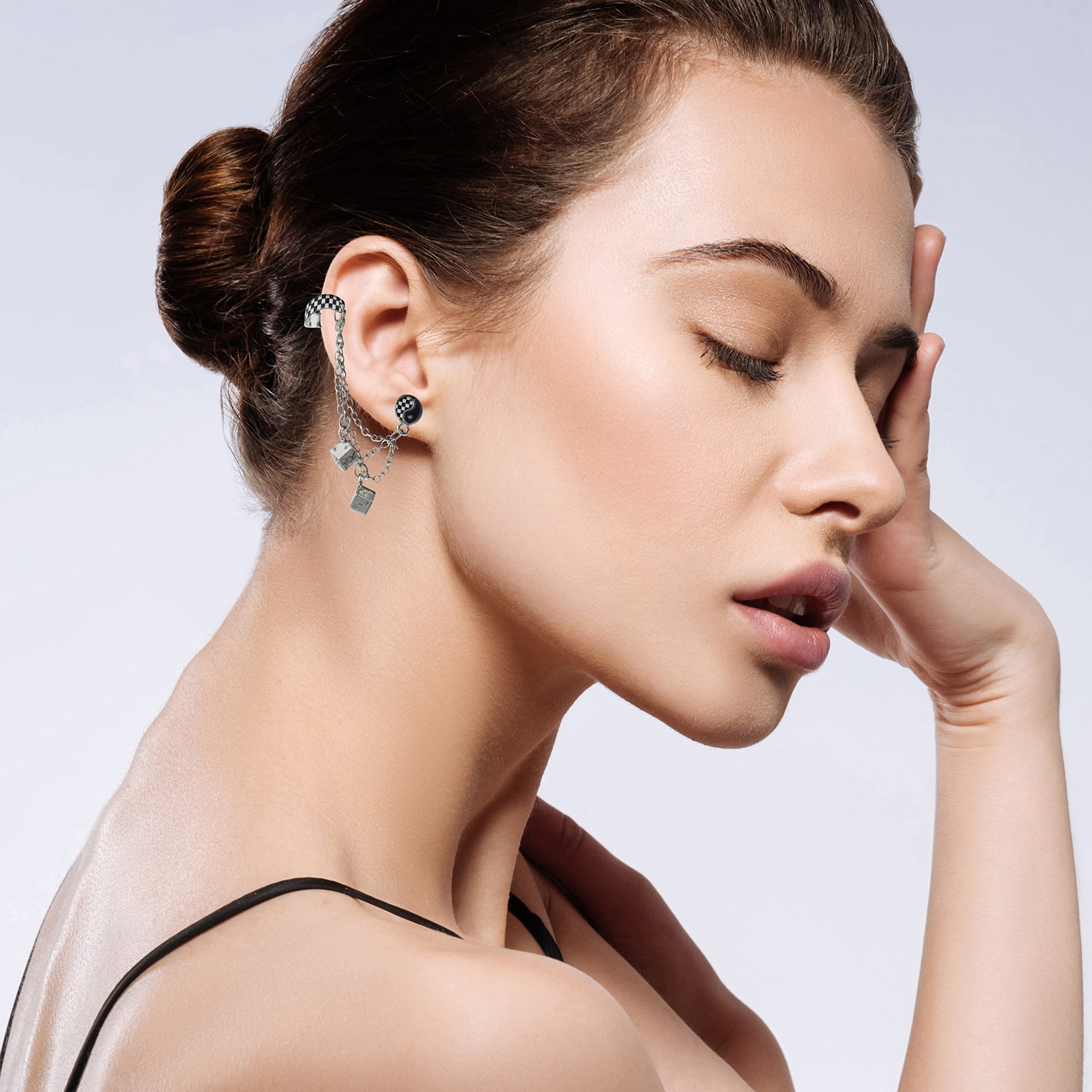 Silver Casino Dice Earrings - Yin Yang Stud & Cuff Set for Party & Gaming
