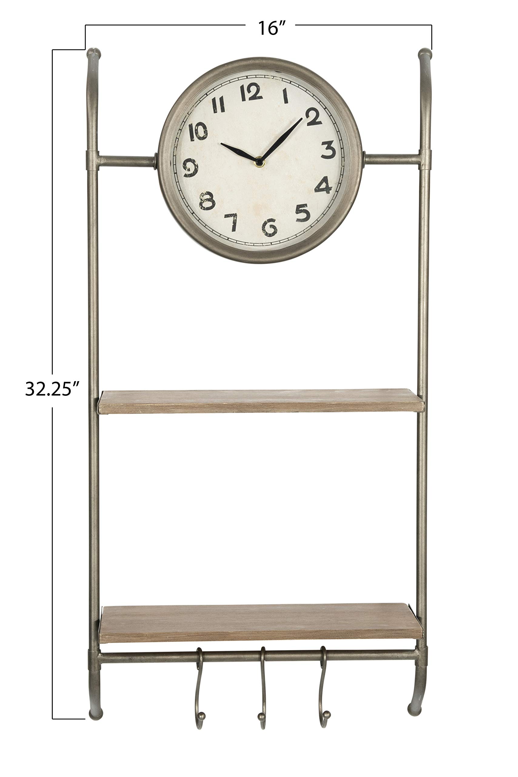 Creative Co-Op 2-Shelf & 3-Hook Wall Clock with Storage - Black - Perfect for Kitchen, Bathroom, and Office Organization
