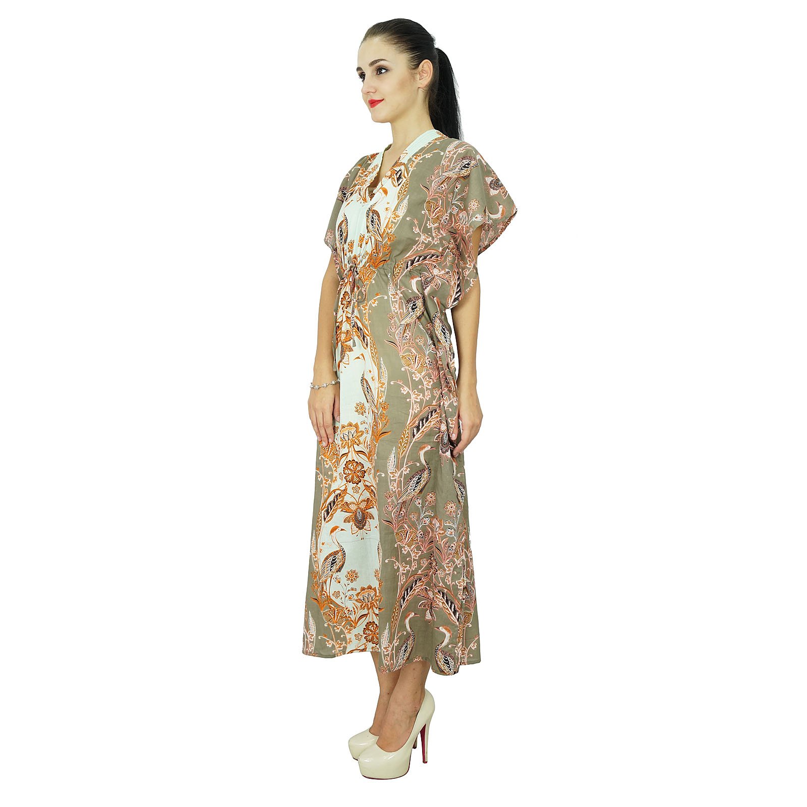 Bimba Women's Printed Long Cotton Kaftan Dress - Kimono Sleeve Beach Cover Up | Boho Maxi Dress for Summer Vacation, Poolside Lounging & Resort Wear