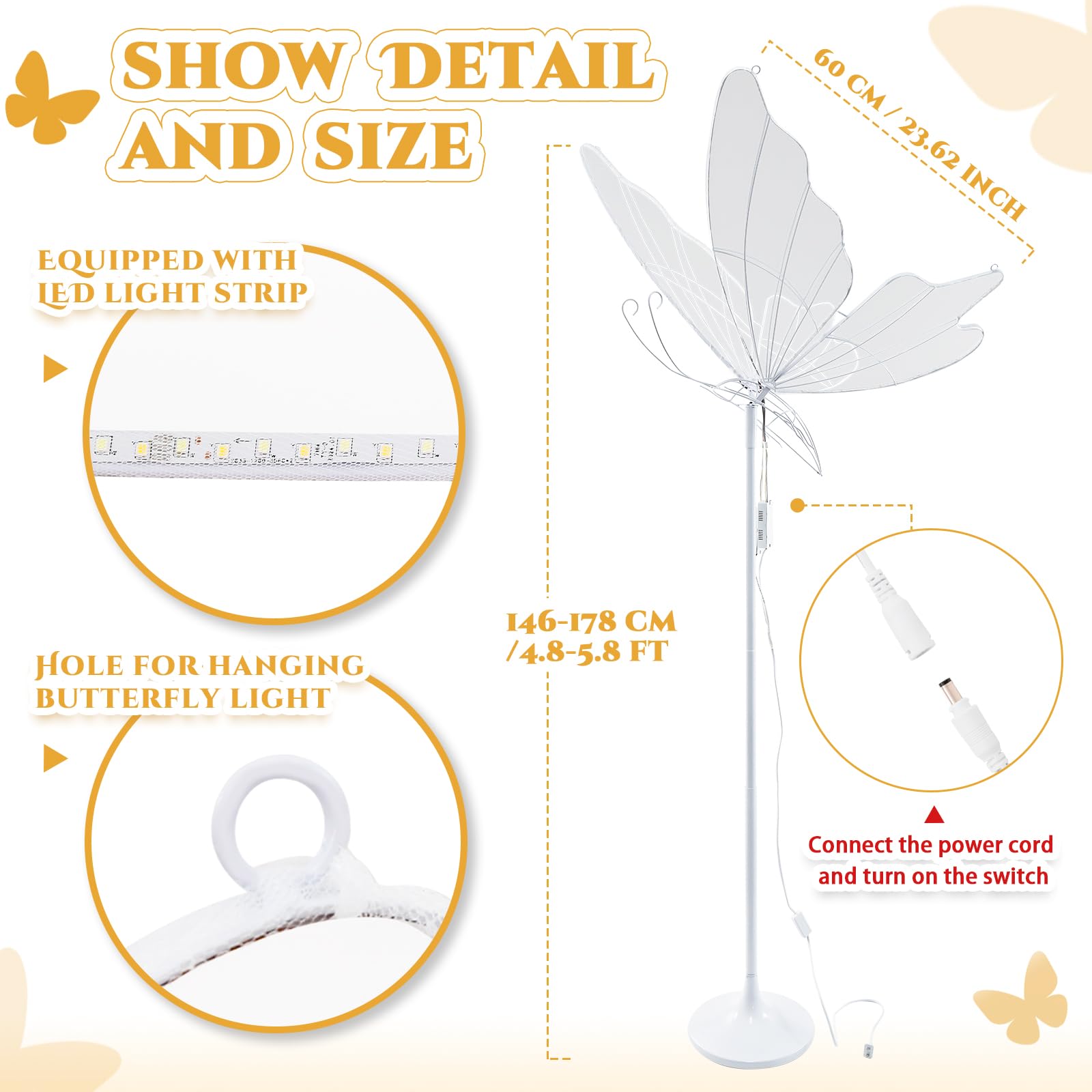 60cm White LED Butterfly Floor Lamp - Elegant Wedding Decor for Bridal Party, Event Centerpiece & Home Lighting - Romantic Ceiling Hanging Light for Bedroom, Living Room & Outdoor Events (23.6 Inch)
