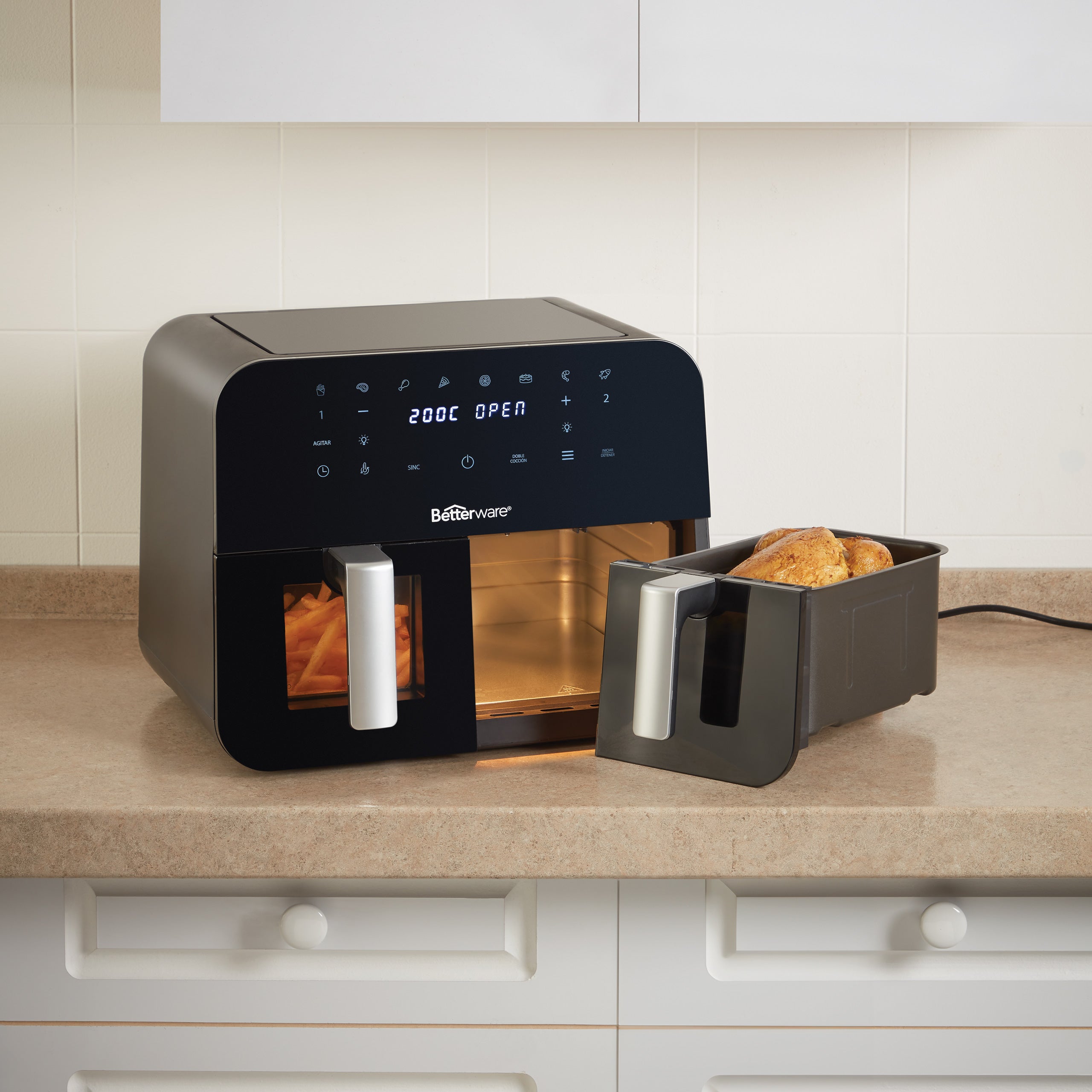 Dual Air Fryer with Spanish Display - Large Capacity 8QT, 1700W, 8-in-1 Functions for Healthy Frying, Baking, Roasting - Perfect for Family Cooking, Parties & Meal Prep