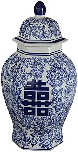 ZPTECH 14 Inch Classic Jingdezhen Blue and White Porcelain Double Happiness Floral Temple Jar Vase - Ming Dynasty Style Chinese Decorative Vase for Bouquets, Wedding Centerpieces & Home Decor