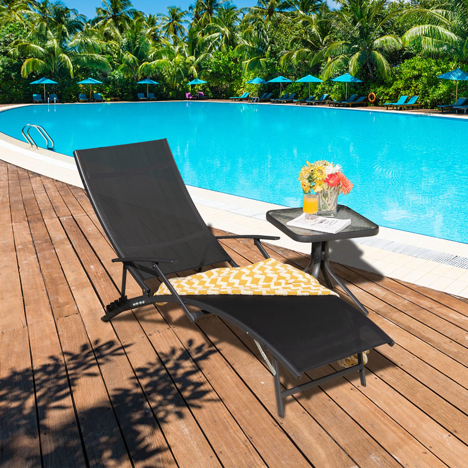 Tangkula 2-Piece Patio Chaise Lounge Set - Foldable Stackable Outdoor Chaise Lounge Chairs with Breathable Fabric & 5-Level Adjustable Backrest - Perfect for Poolside, Backyard, Garden Relaxation (Black)