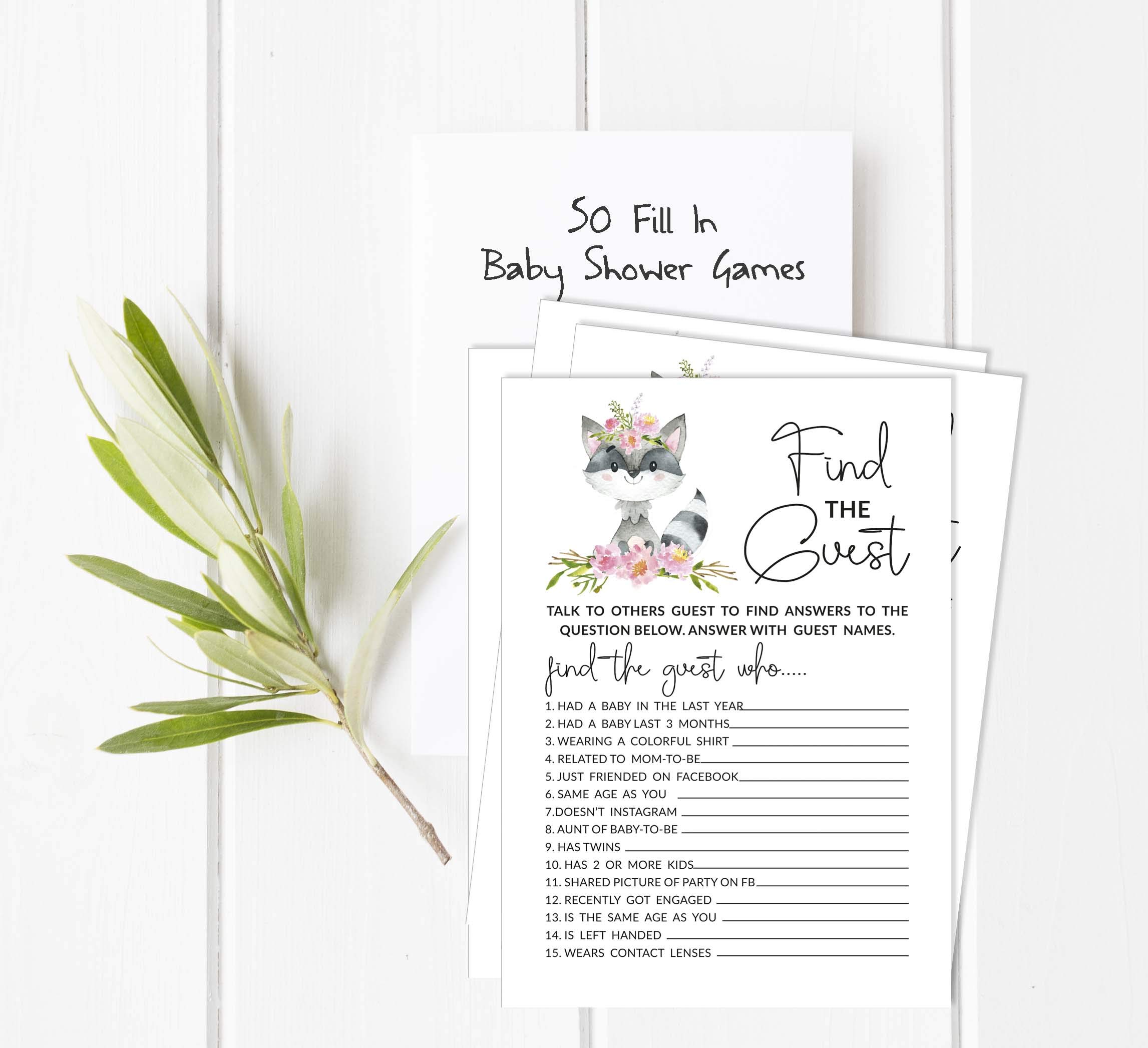 50 Find The Guest Baby Shower Game - Gender Neutral Floral Raccoon Icebreaker Party Supplies for Baby Shower, Gender Reveal, and Coed Celebrations