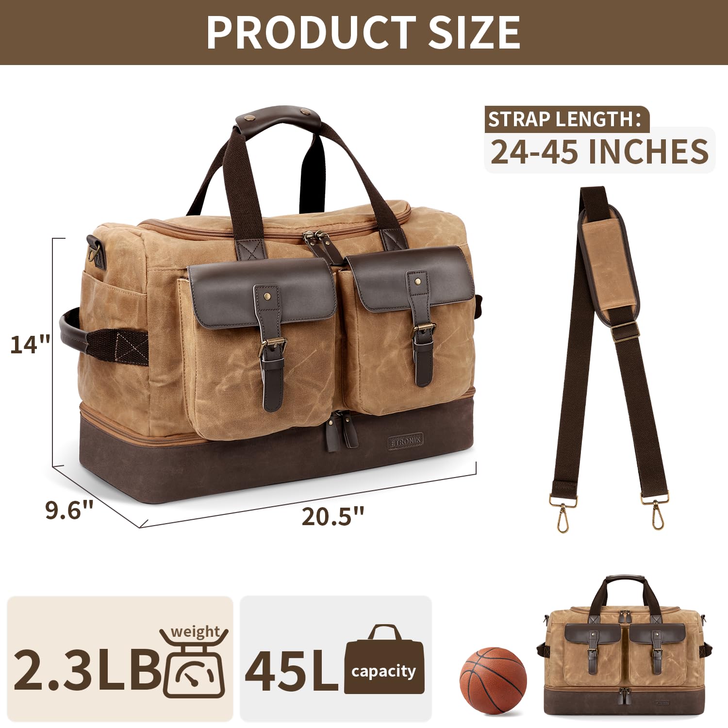 ETRONIK Vintage Waterproof Canvas Leather Travel Duffle Bag for Men - Weekender Overnight Carry-on Luggage with Wet Pocket & Shoe Compartment, Adjustable Strap - Perfect for Airplane Travel, Gym, Camping & Weekend Getaways