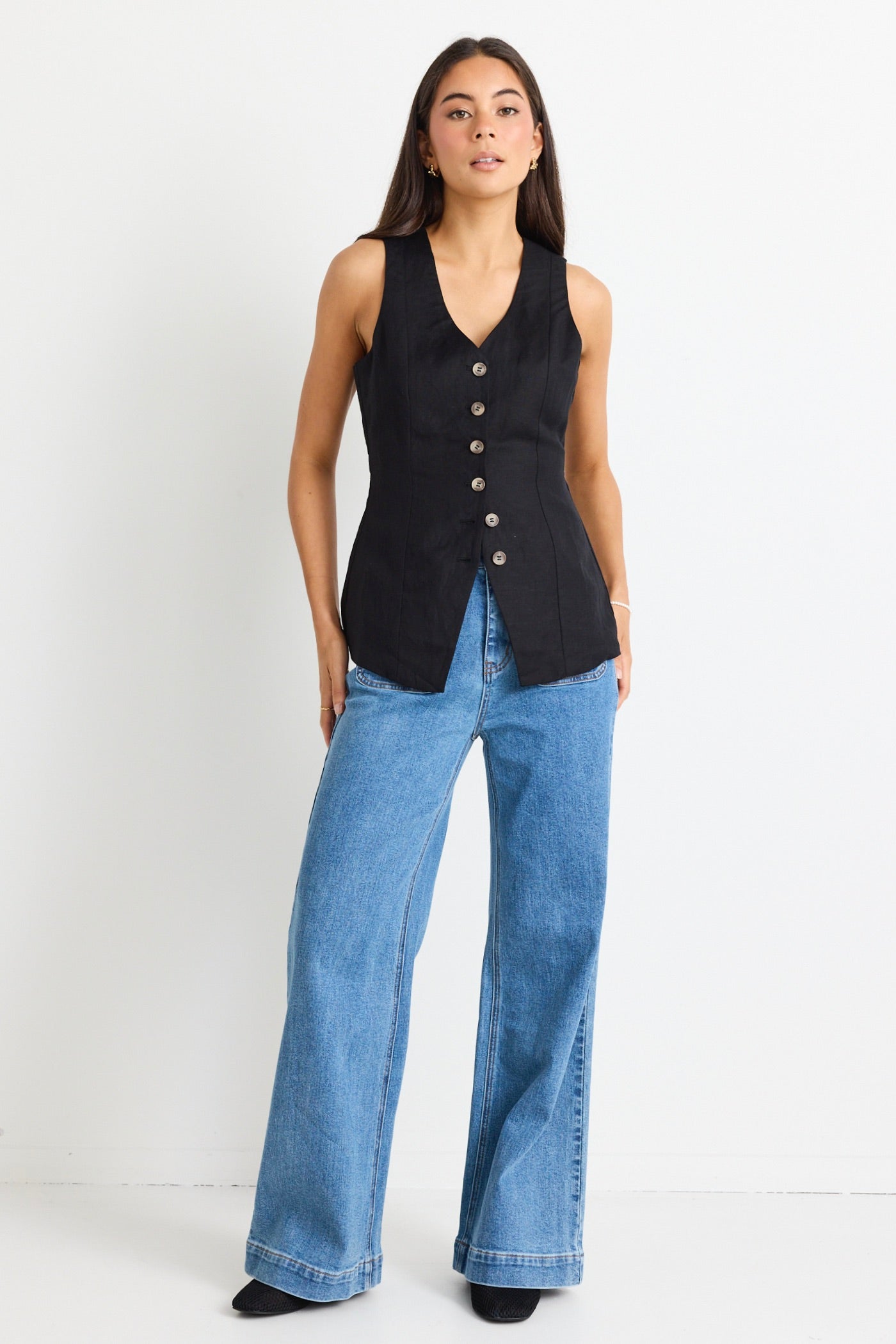 Eiffel Black Linen Viscose Fitted Longline Vest for Women - Slim Fit Waistcoat with Pockets | Perfect for Office Wear, Layering & Fall Fashion Outfits