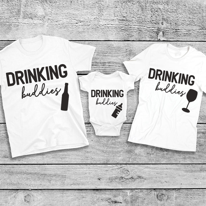 CLR Drinking Buddies Beer, Milk & Wine Bottles Matching T-Shirt & Baby Vest - White | Fun Matching Outfits for Couples, Friends & Family | Perfect for Parties, Holidays & Casual Wear