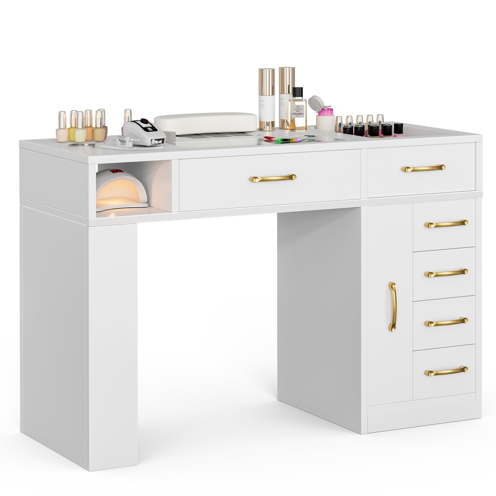 Professional Manicure Table Nail Station for Nail Technicians - Acetone Resistant Glass Top with Built-in Dust Collector - 7 Drawers & 3-Tier Shelves Beauty Workstation - Ergonomic Wrist Cushion & Golden Handles (White) - Perfect for Salon, Spa & Home Nail Art Studio