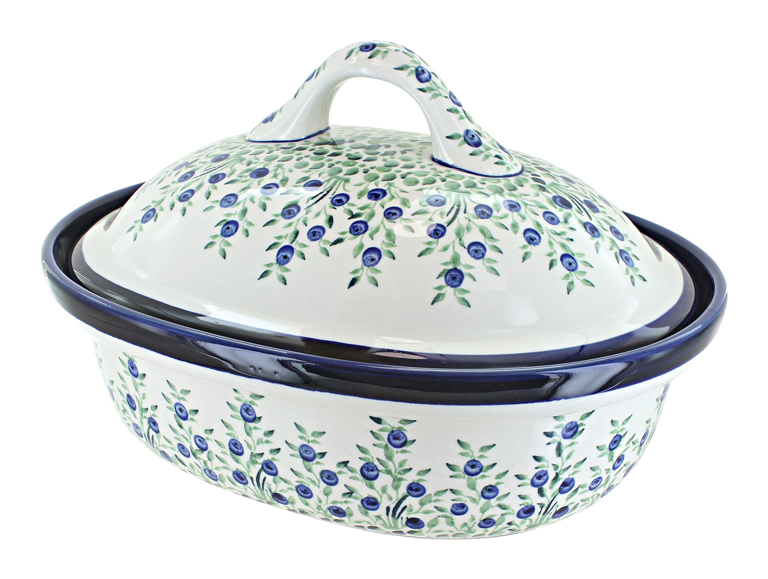 Blue Rose Polish Pottery Porcelain Vine Roaster with Lid - Elegant Oven-Safe Casserole Dish for Baking, Roasting & Serving - Perfect for Holidays, Dinner Parties & Family Meals