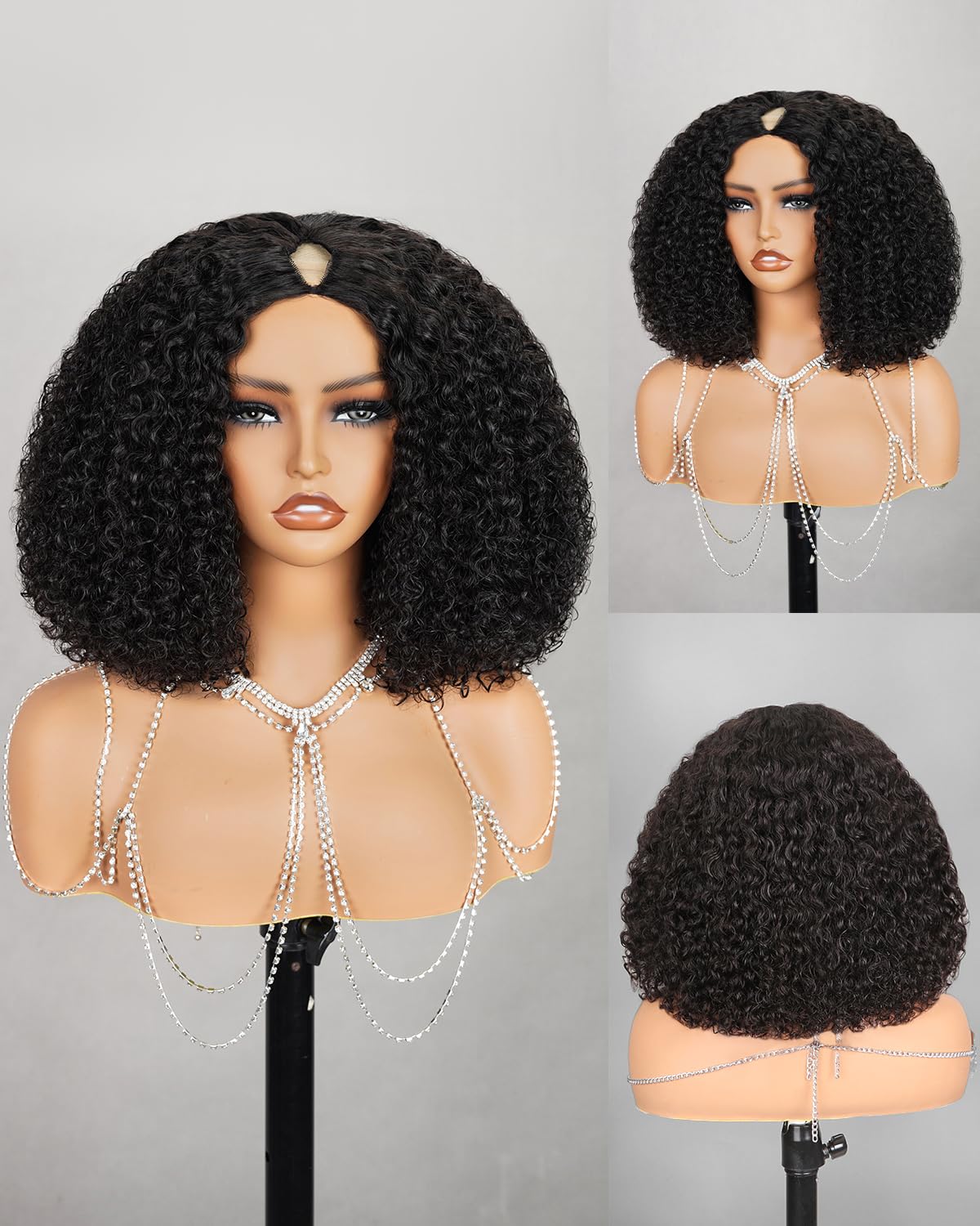 MEGALOOK V Part Human Hair Wig for Black Women - 14 Inch U Part Curly Bob Wig 180% Density Deep Wave No Glue No Sew In Half Wig | Perfect for Daily Wear, Parties & Special Occasions