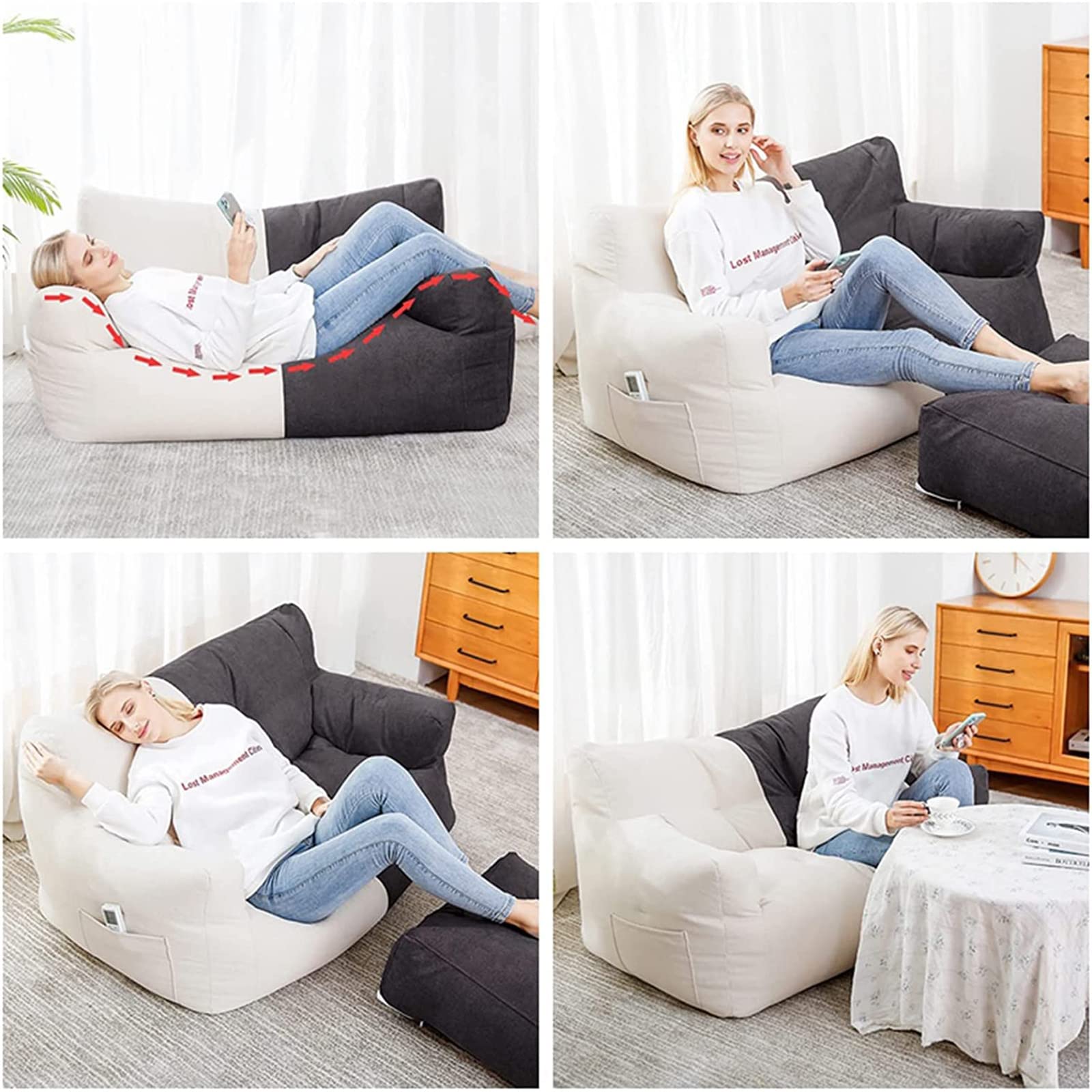 HWOEK Lazy Sofa Cover Bean Bag Chair with Footstool - High Back Lounger for Adults & Kids (No Filler) - Soft Washable Beanbag Chair Cover - Perfect for Living Room, Bedroom & Game Room - Gray