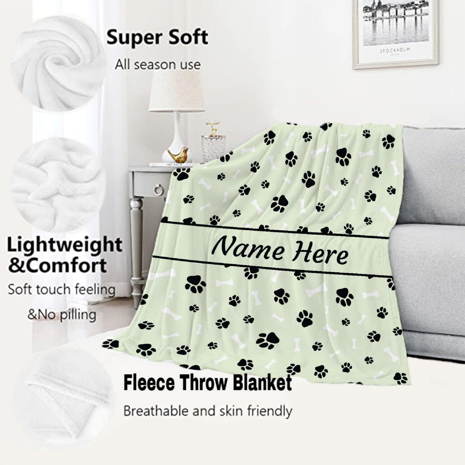 **Custom Personalized Dog Blanket with Name - Soft Cozy Fleece Pet Blanket for Puppy, Dog Lovers, Mom & Dad - Cute Paws & Bones Design - Perfect for Bed, Sofa, Couch & Travel Gifts**    *(Use Case: Ideal for snuggling at home, travel comfort, or as a heartfelt gift for dog lovers!)*