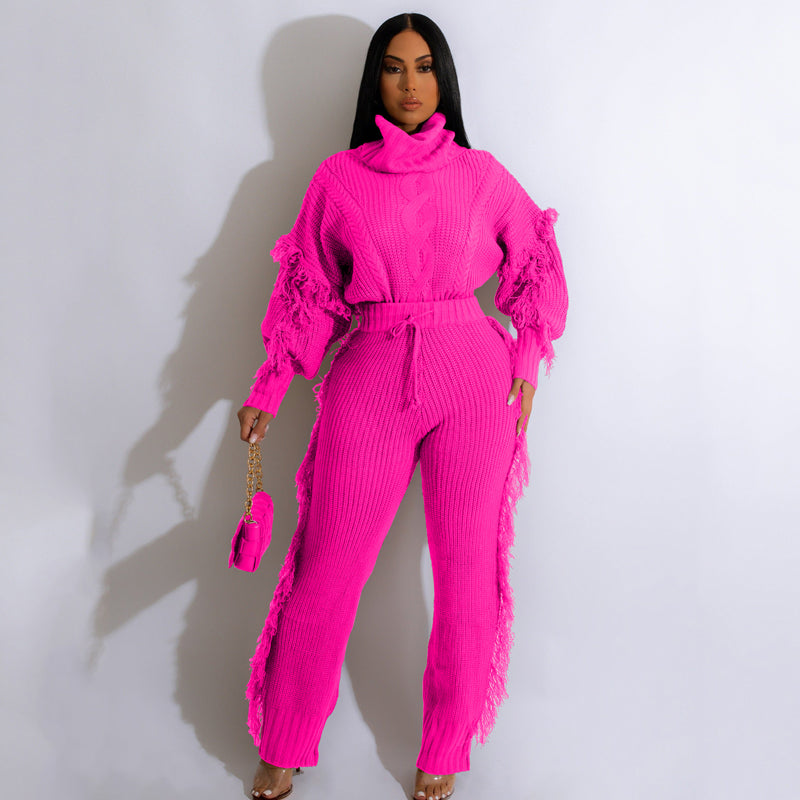 Solid Color Knitted Long Sleeve Fringe Suit - Women's Elegant Loungewear for Home, Office & Casual Outings