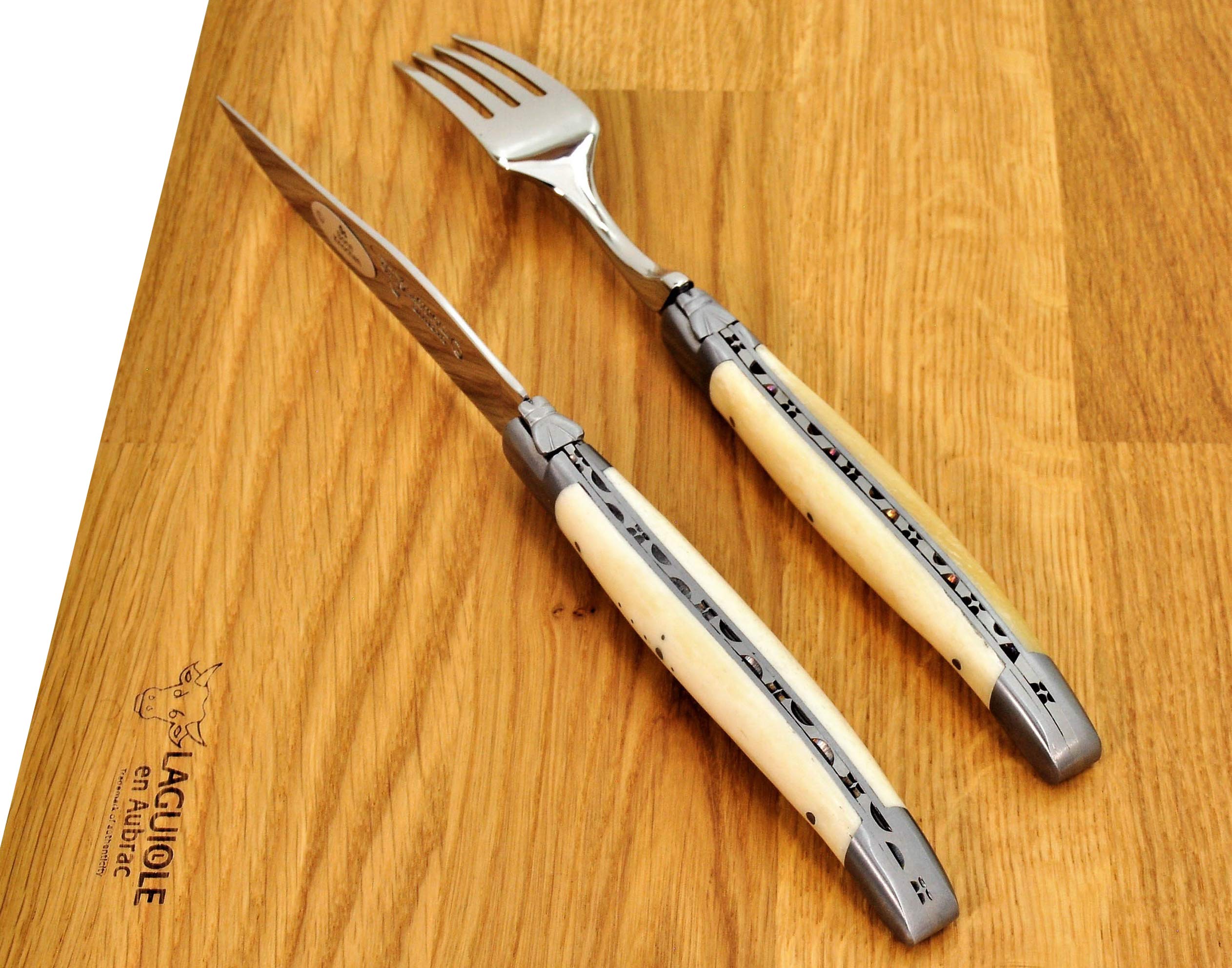 Premium Laguiole en Aubrac 4-Piece Steak Knife Set with 4 Forks - Stainless Steel Blades & Elegant Bone Handles - Perfect for Fine Dining, BBQ Parties & Gourmet Steakhouse Experience