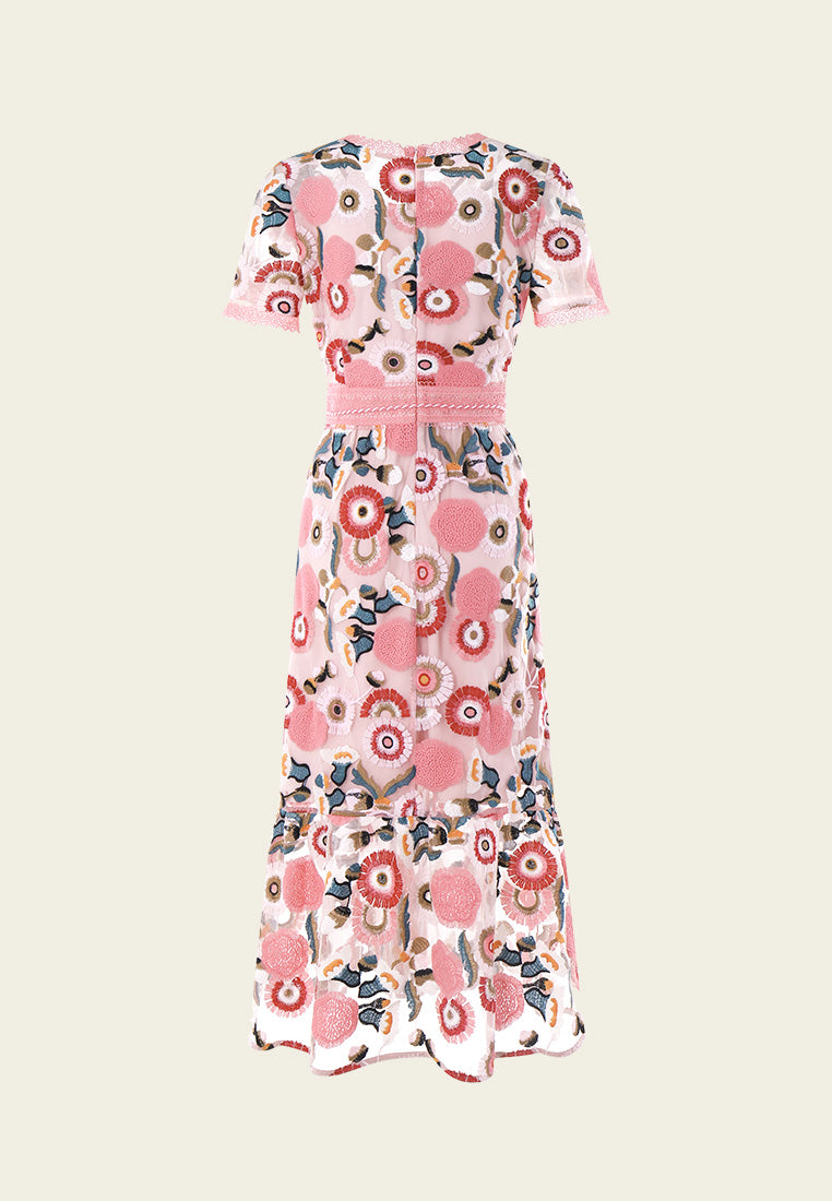 Elegant Spring Embroidery Pink Floral Dress for Women | Romantic Flowy Maxi Dress for Weddings, Parties & Special Occasions