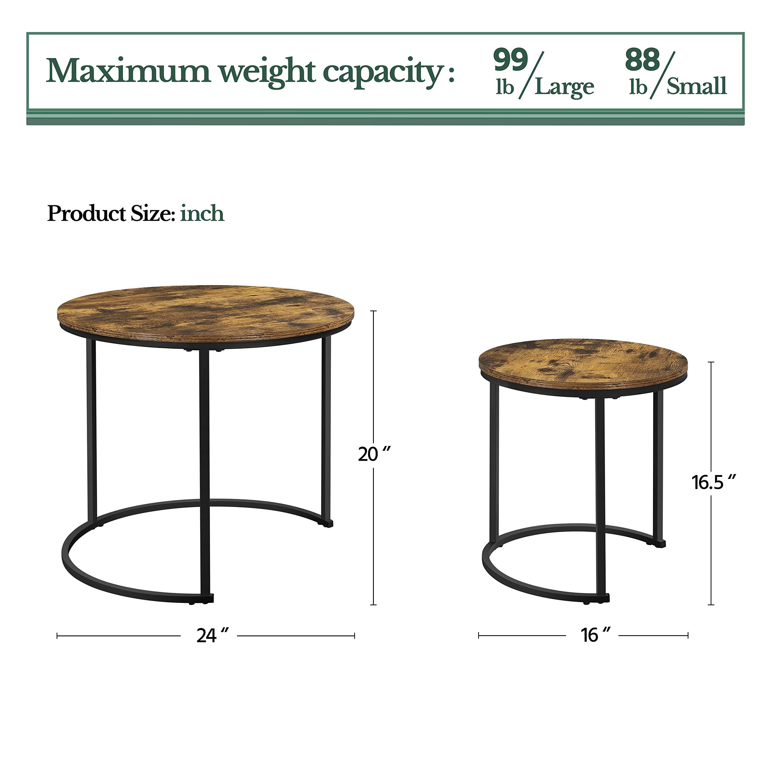 Yaheetech 2-Piece Round Nesting Coffee Table Set - Rustic Brown Wooden Tabletop with Sturdy Metal Frame - Stackable End Tables for Living Room, Bedroom, or Office - Perfect for Small Spaces and Home Decor