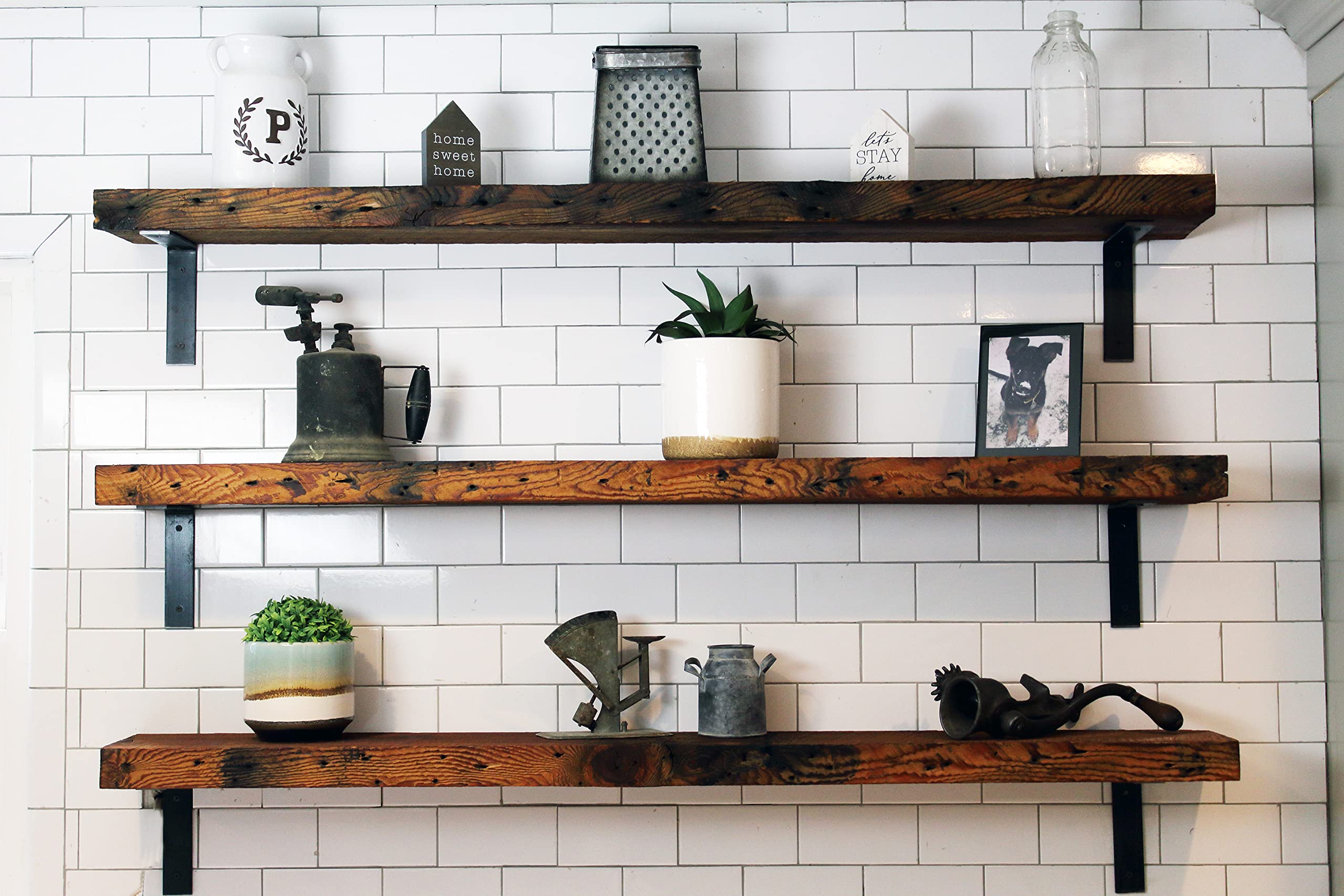 Reclaimed Wood Floating Shelf with Steel Brackets - Rustic Modern Wall Shelf for Home Decor, 2 Inch Thick, 78